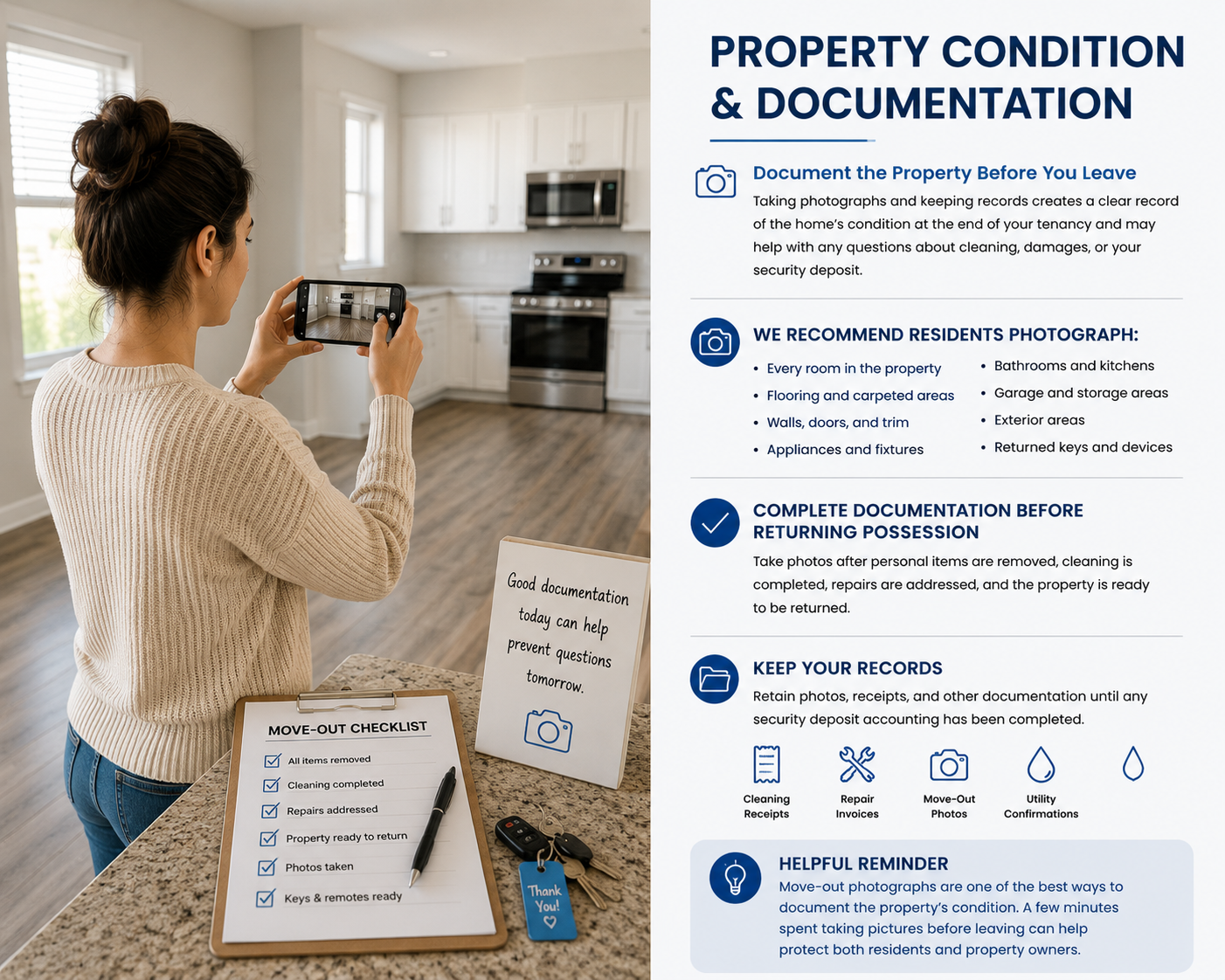 Resident photographing the condition of a rental property before move-out to document cleanliness and maintenance.