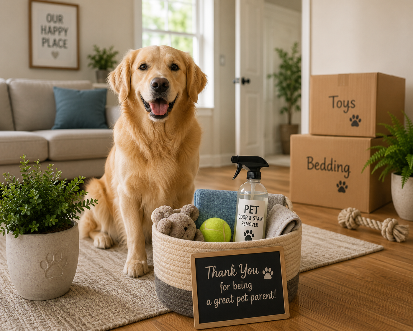 Pet-friendly rental home with dog and move-out preparation materials highlighting pet owner responsibilities.