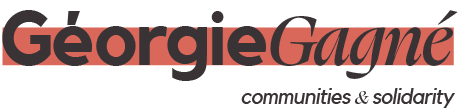 Logo avec le texte 'Géorgie Gagne' en rouge et noir, et 'communities & solidarity' en noir en dessous.