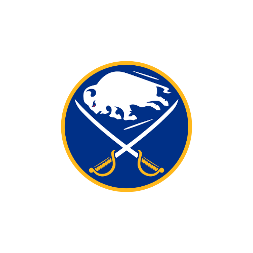 Buffalo Sabres logo with a white buffalo and crossed blue hockey sticks on a blue background with a gold border.