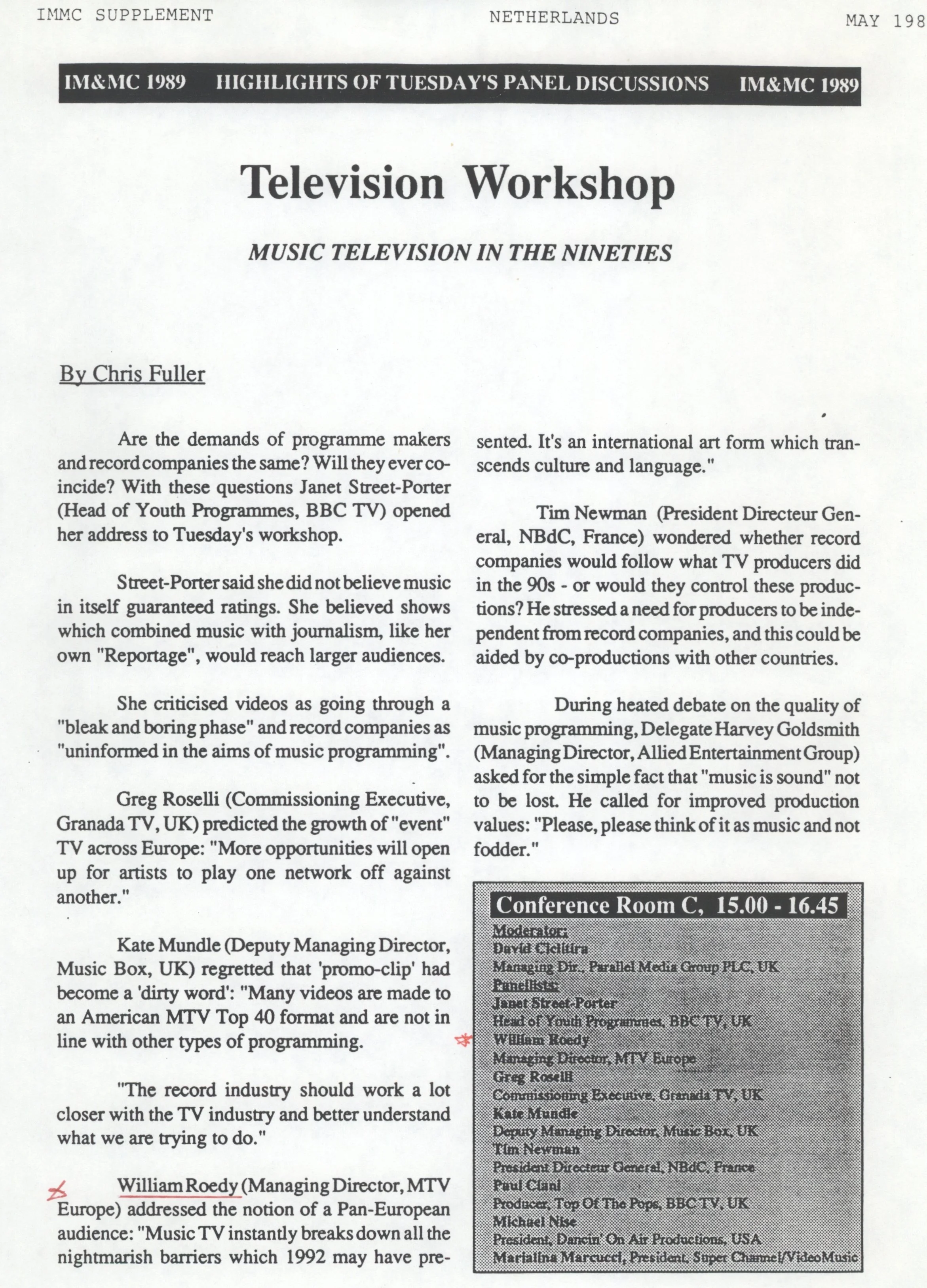 Television Workshop: MUSIC TELEVISION IN THE NINETIES (IM&amp;MC Conference, Netherlands)