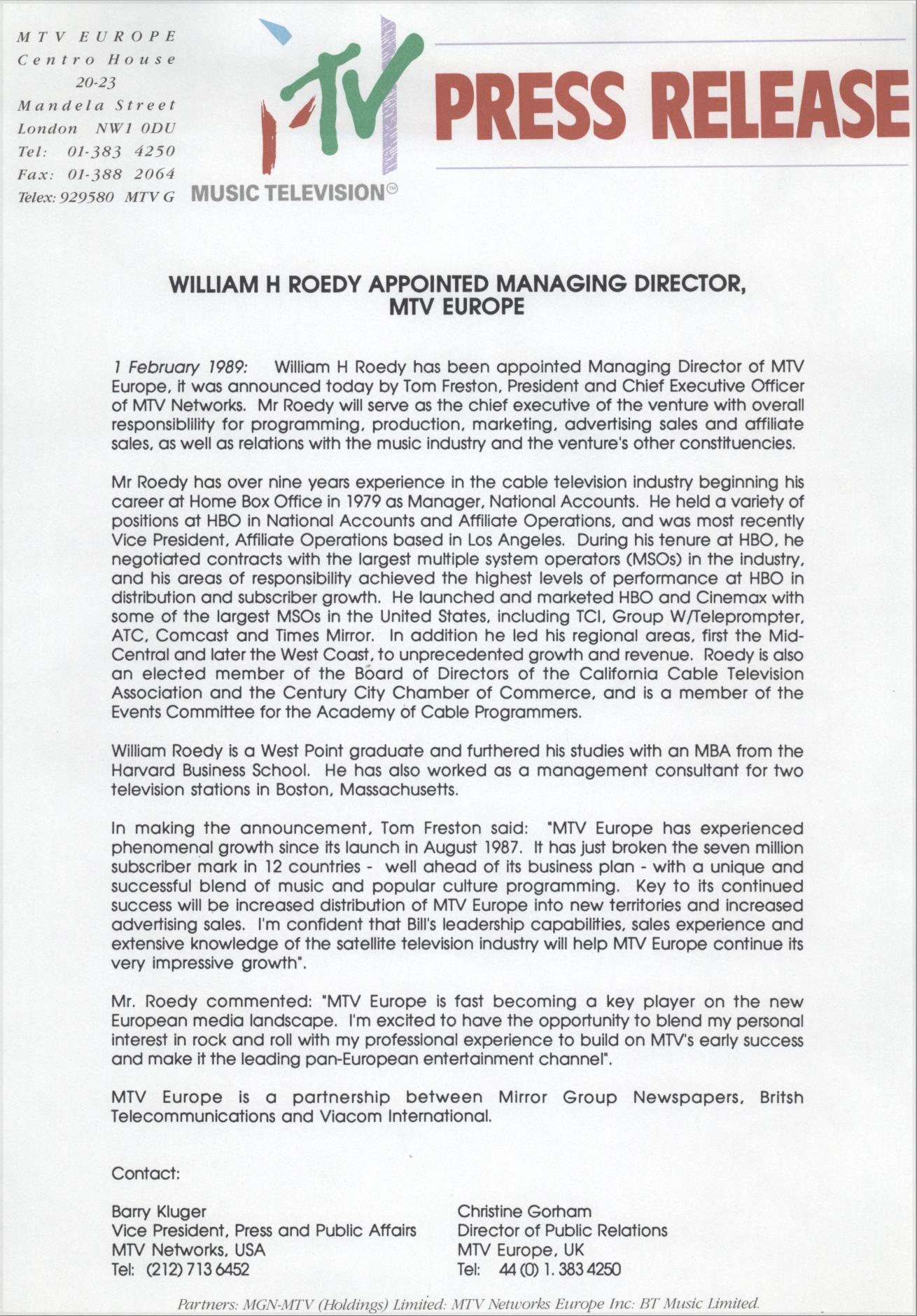 WILLIAM H ROEDY APPOINTED MANAGING DIRECTOR (MTV Europe Press Release)