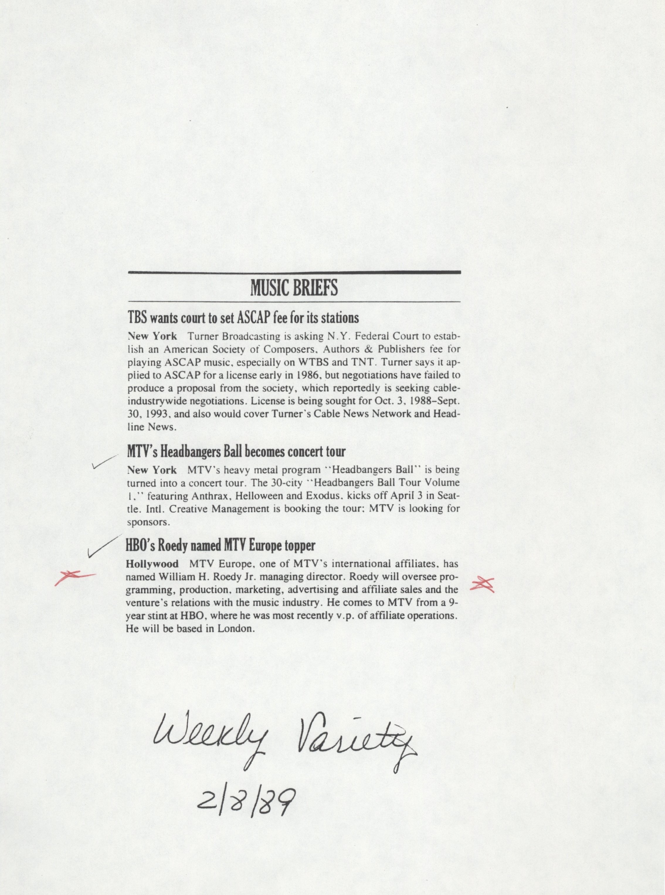 MTV Music Briefs (Weekly Variety)