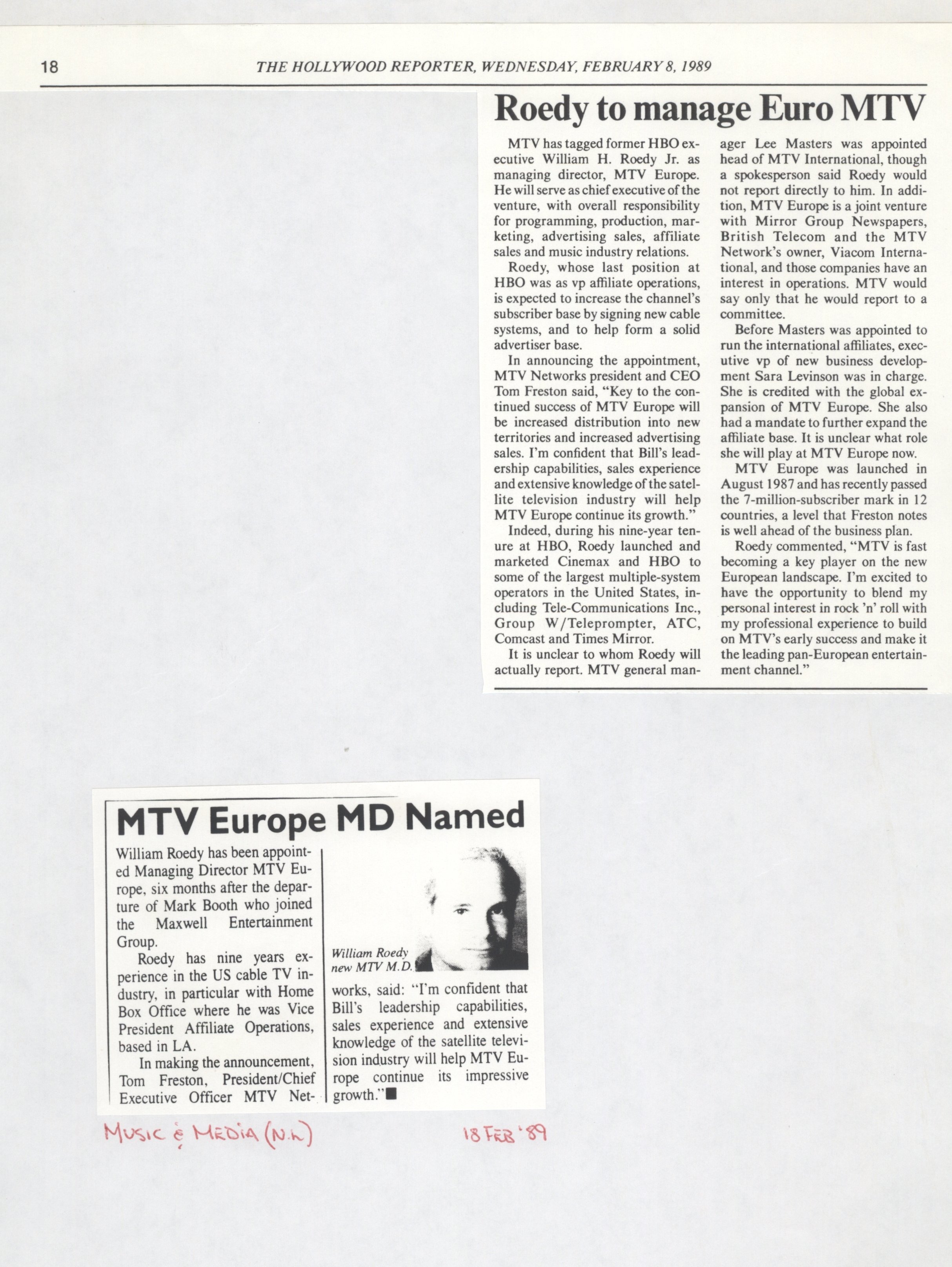 Roedy to manage Euro MTV (Hollywod Reporter)