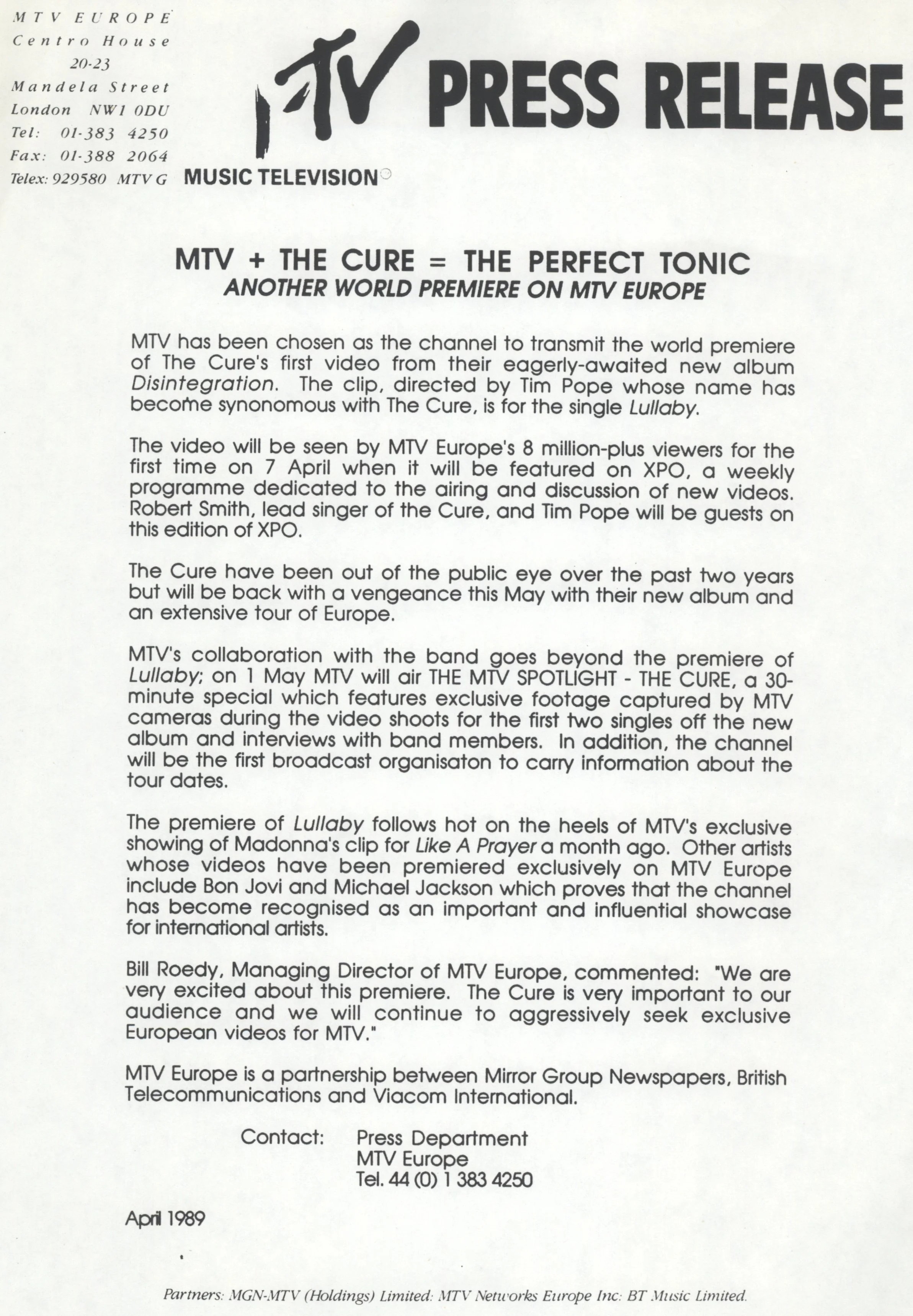 MTV + THE CURE = THE PERFECT TONIC (MTV Europe Press Release)