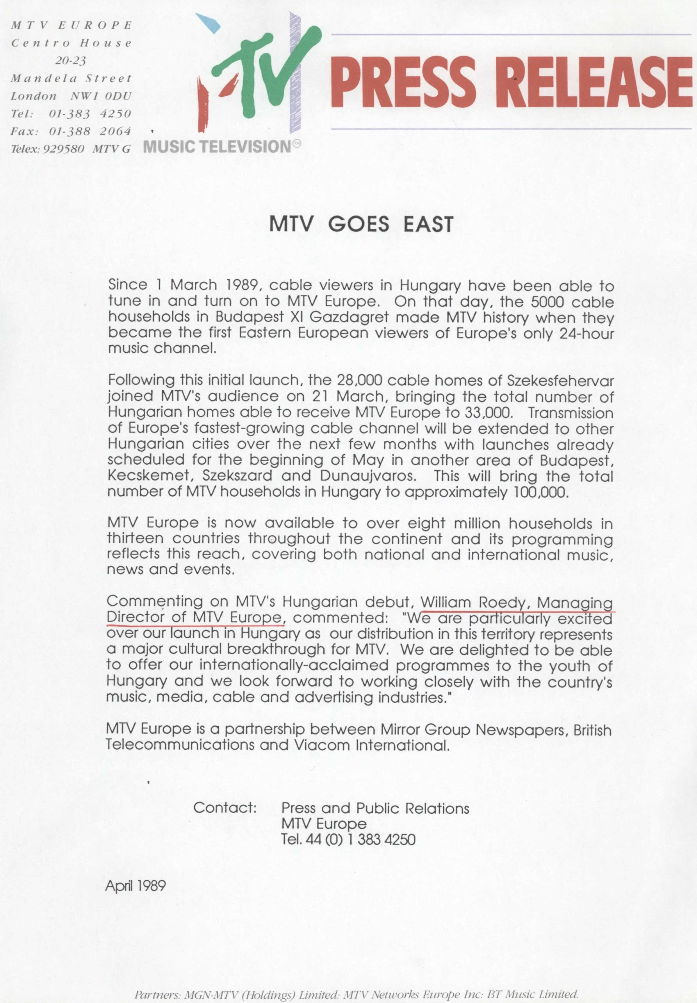 MTV Goes East (MTV Europe Press Release)