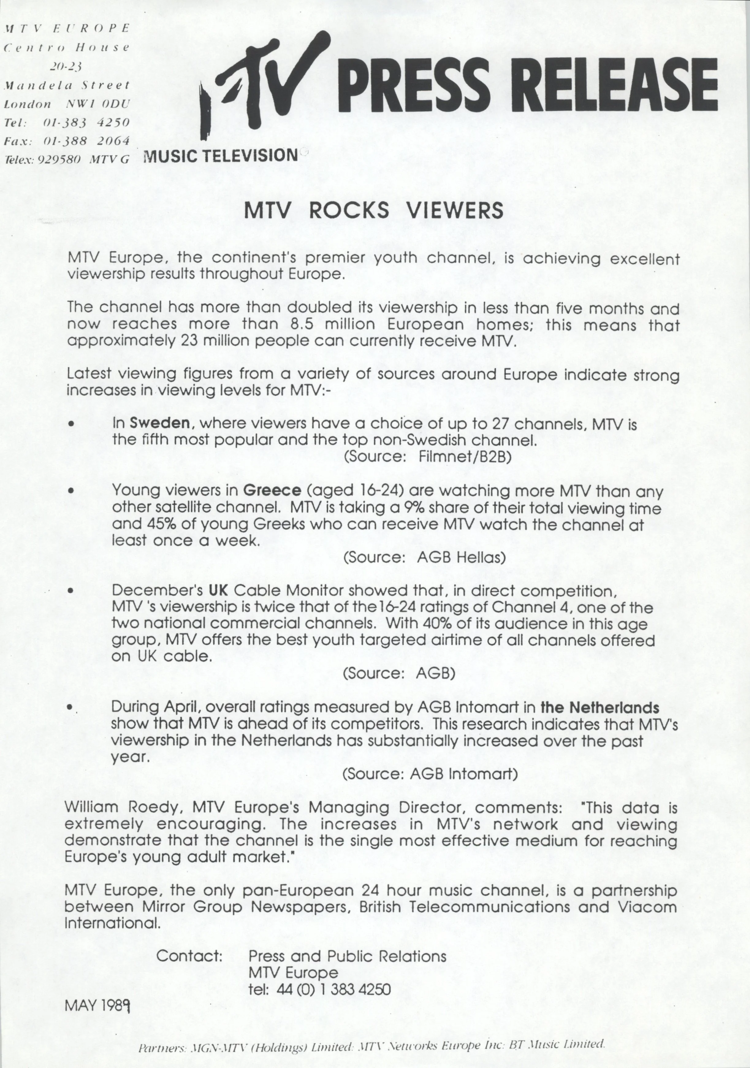 MTV ROCKS VIEWERS (MTV Europe Press Release)