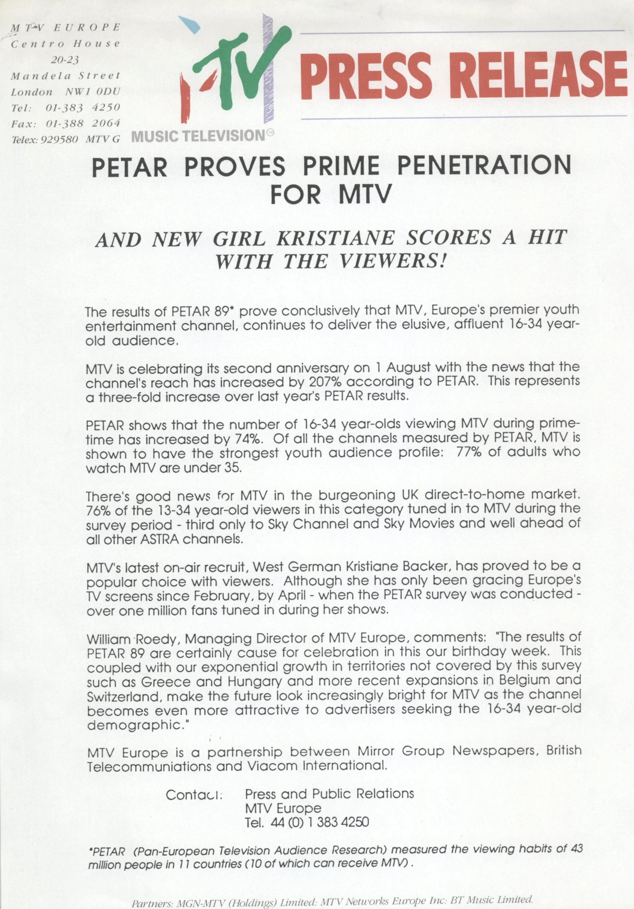 PETAR PROVES PRIME PENETRATION FOR MTV (MTV Europe Press Release)