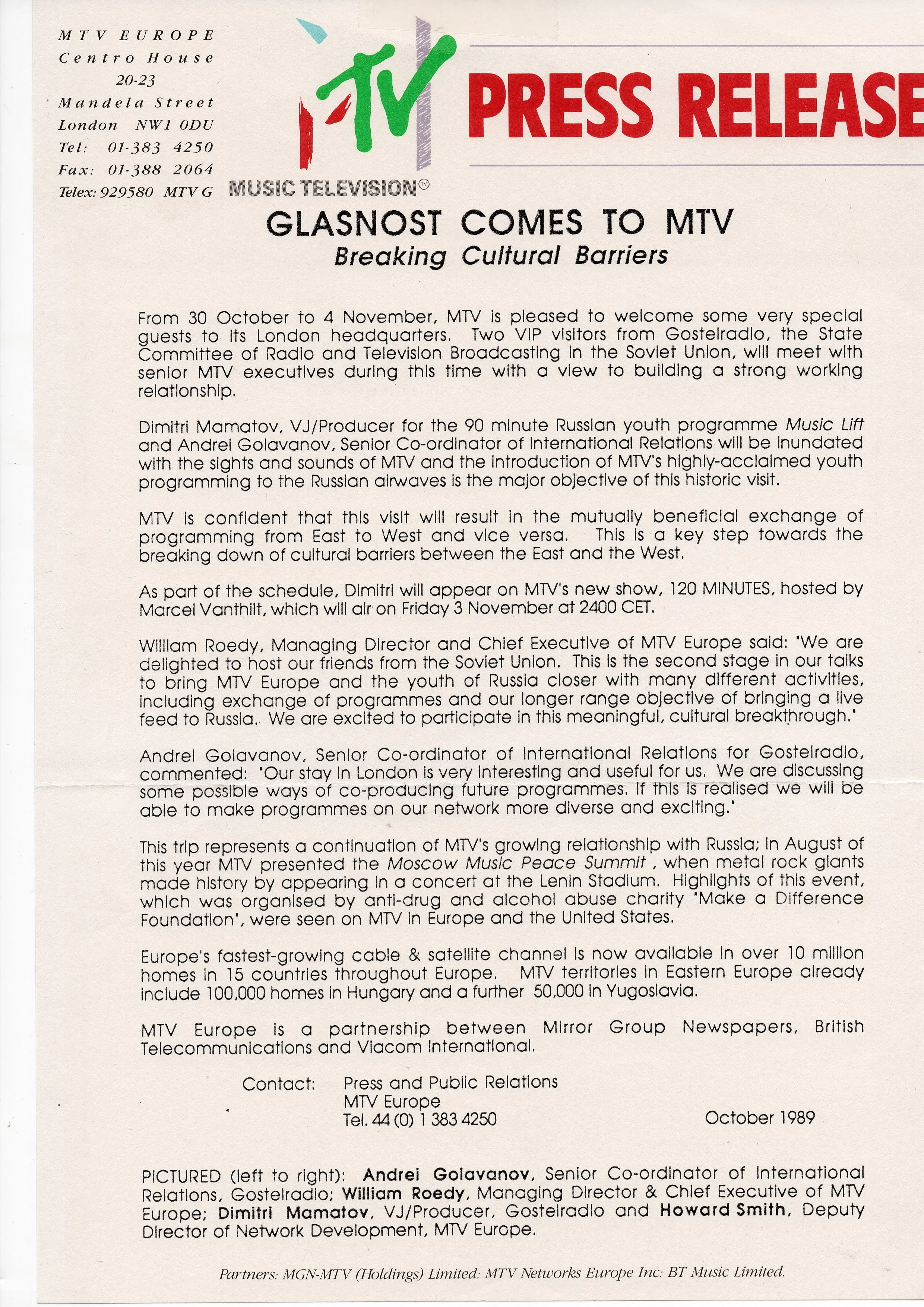 GLASNOST COMES TO MTV (MTV Europe Press Release)