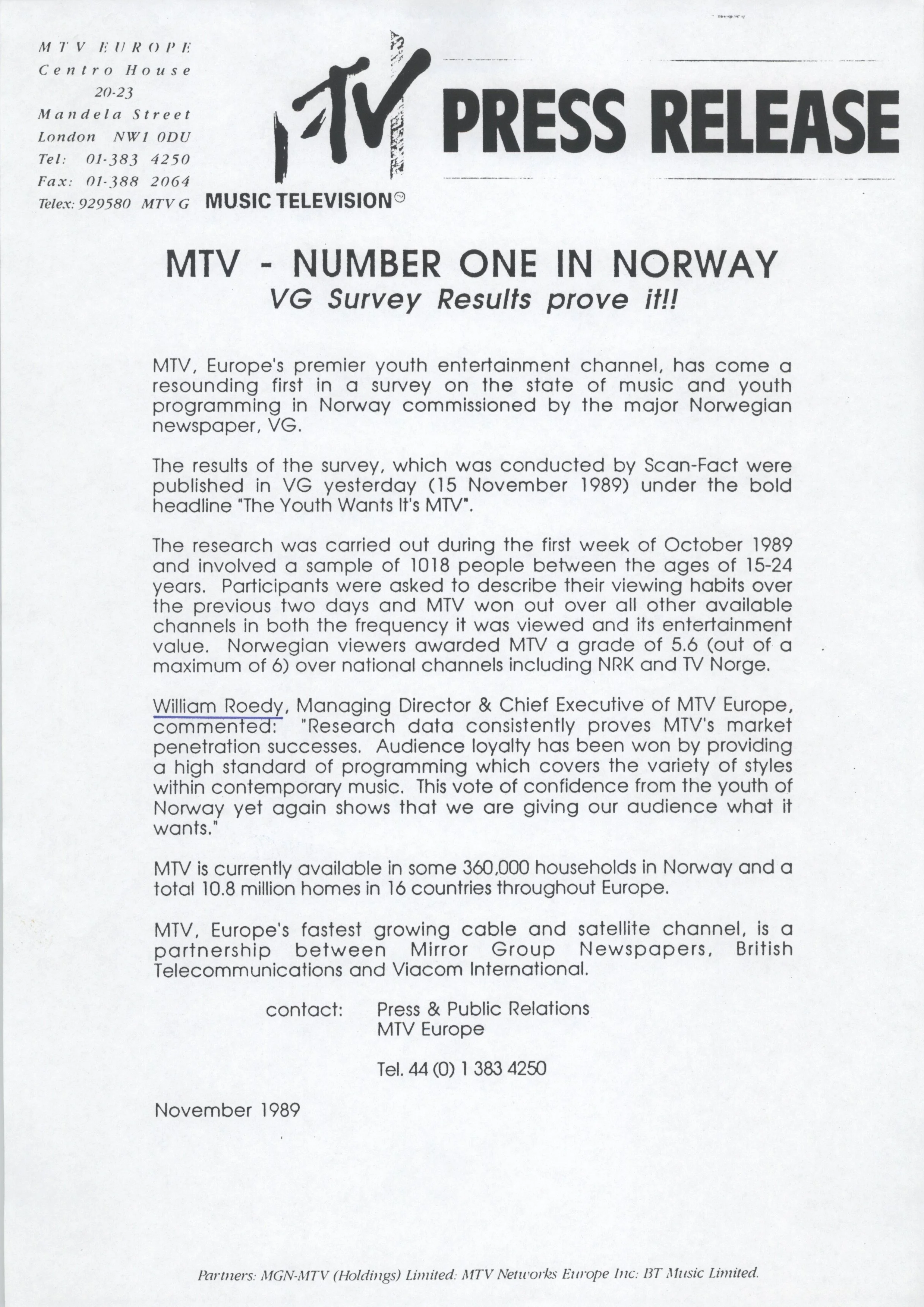 MTV - NUMBER ONE IN NORWAY (MTV Europe Press Release)