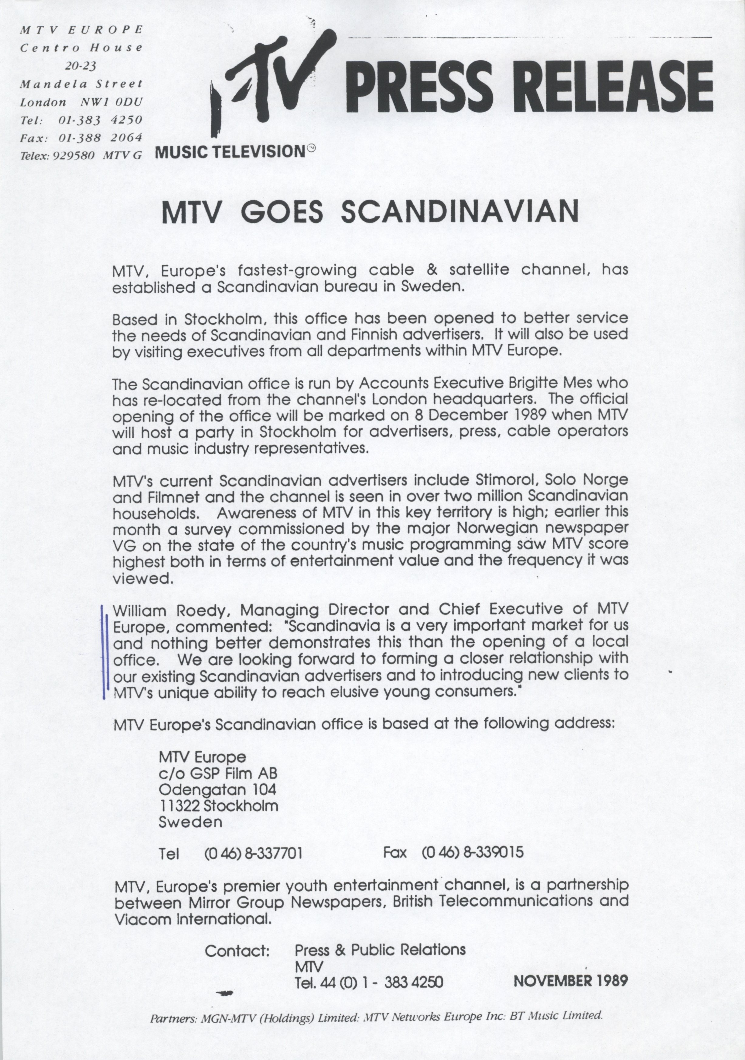 MTV Goes Scandinavian (MTV Europe Press Release)