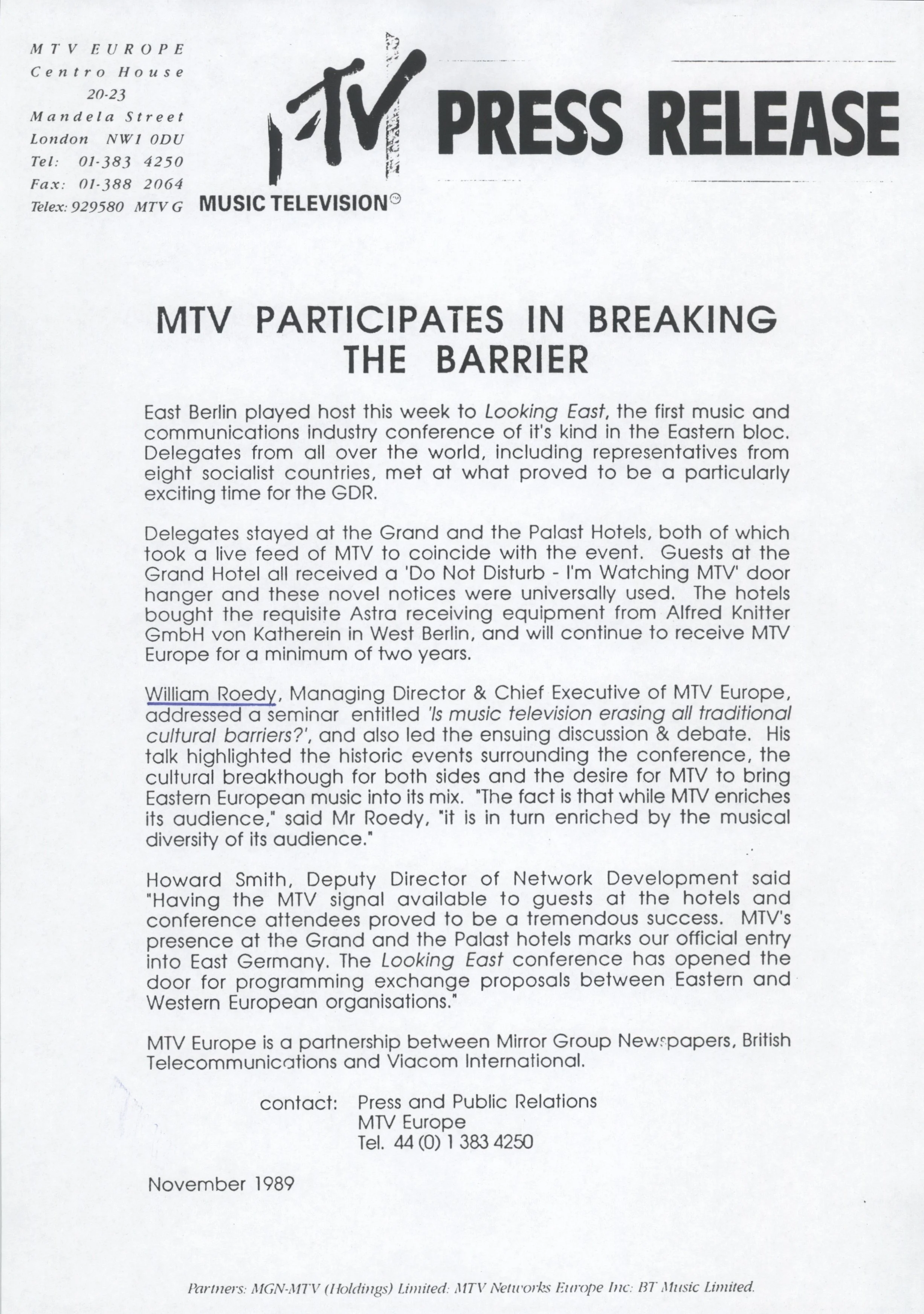 MTV PARTICIPATES IN BREAKING THE BARRIER (MTV Europe Press Release)