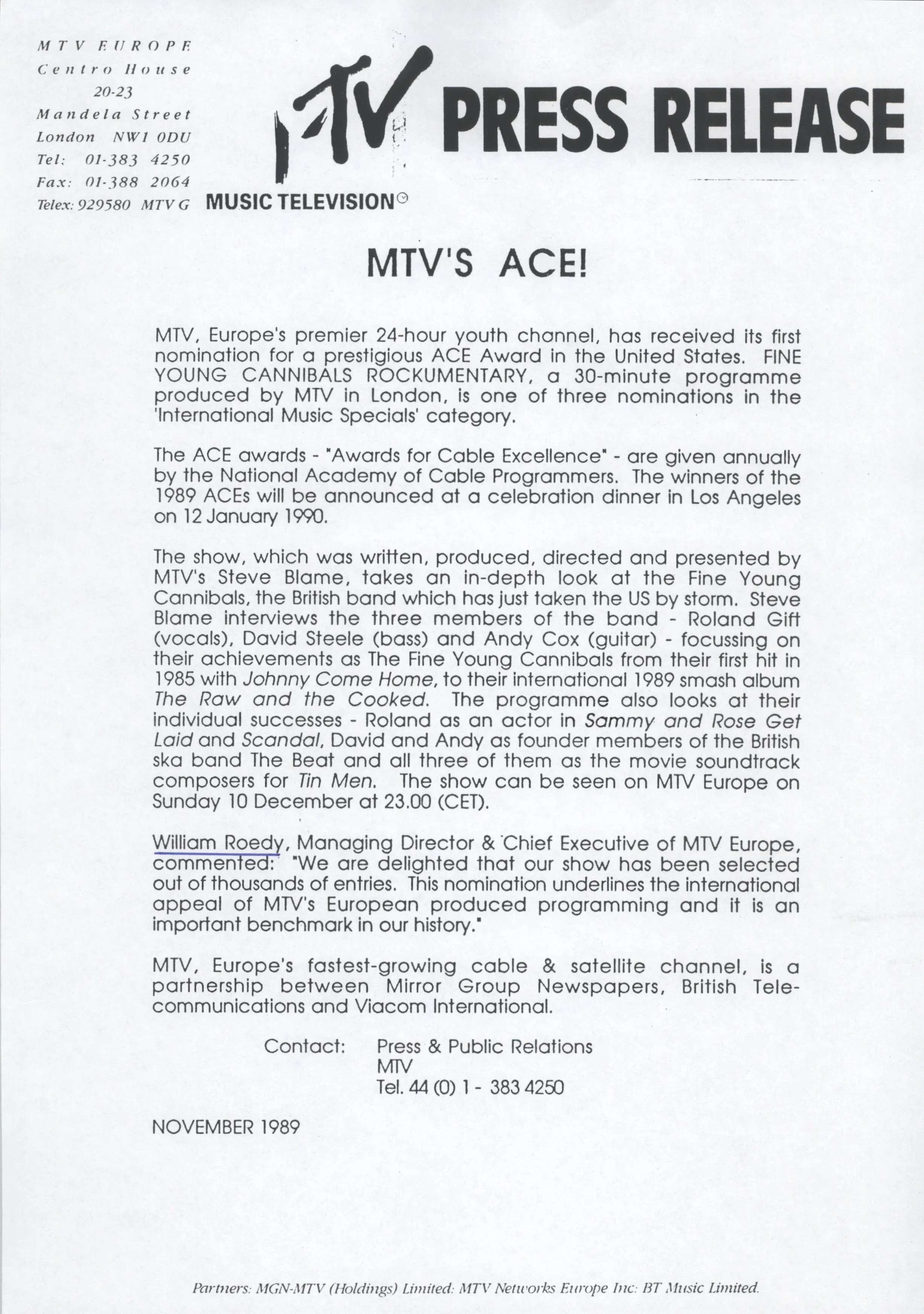 MTV'S ACE! (MTV Europe Press Release)