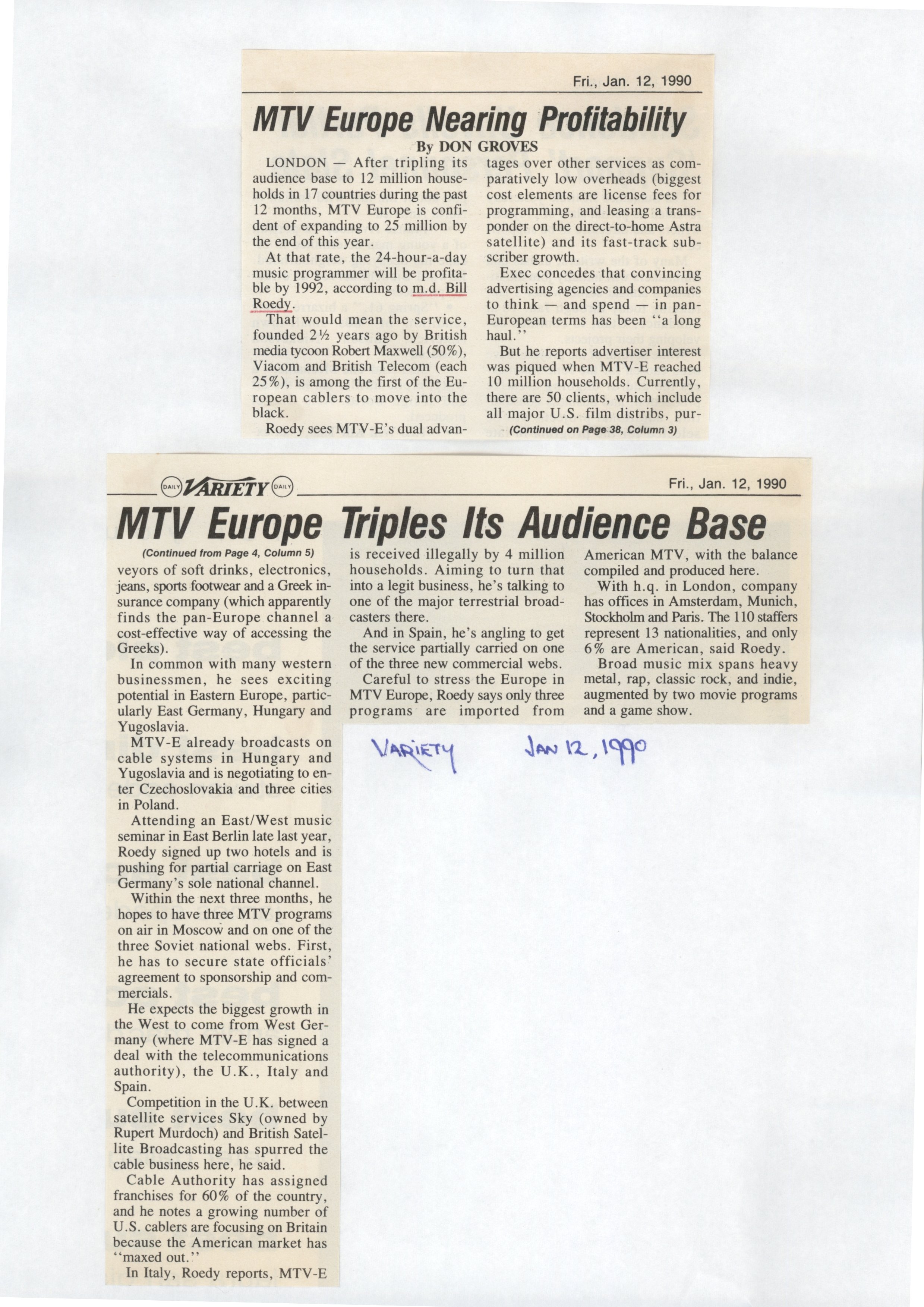 MTV Europe Nearing Profitability (Variety)