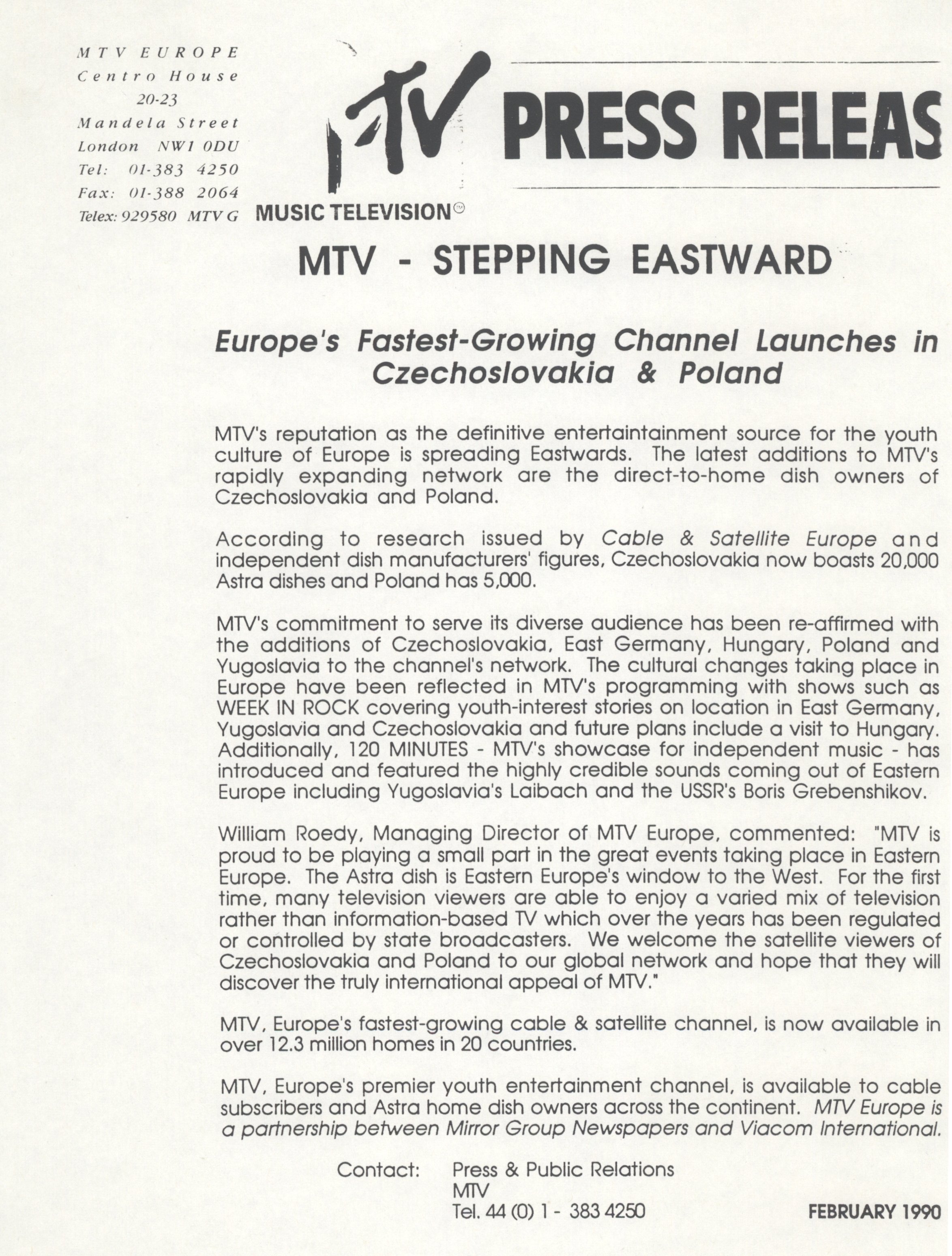 Launch in Czechoslovakia &amp; Poland (MTV Europe Press Release)
