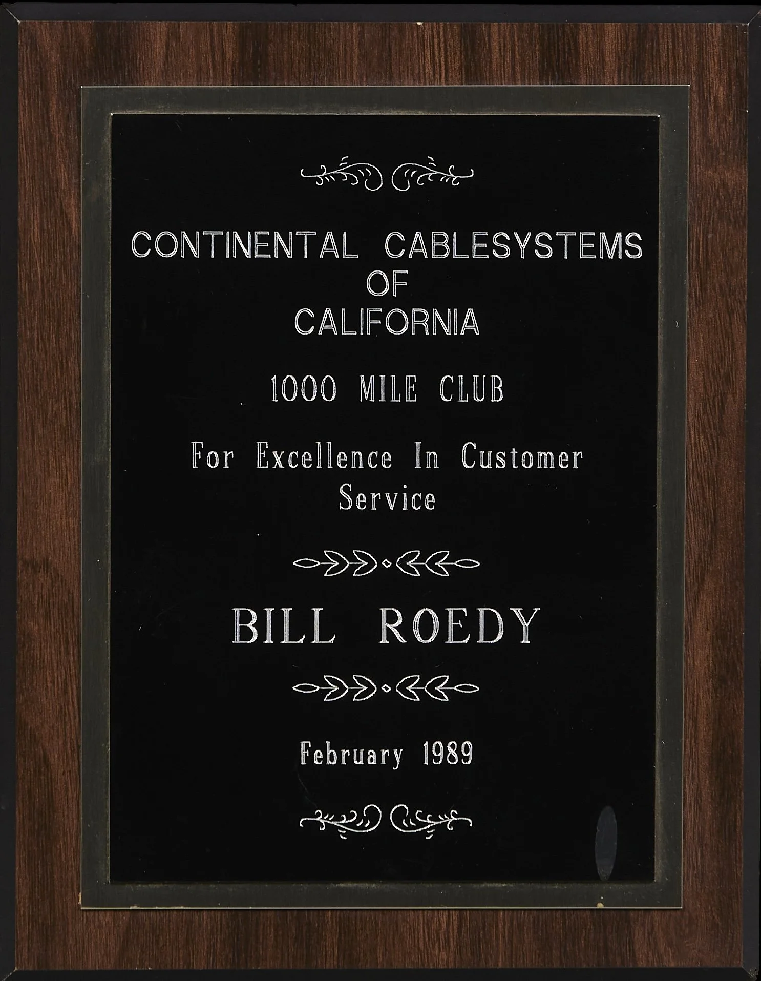 1989-2 Continental Cablesystems of California 1,000 Mile Club for Excellence In Customer Service