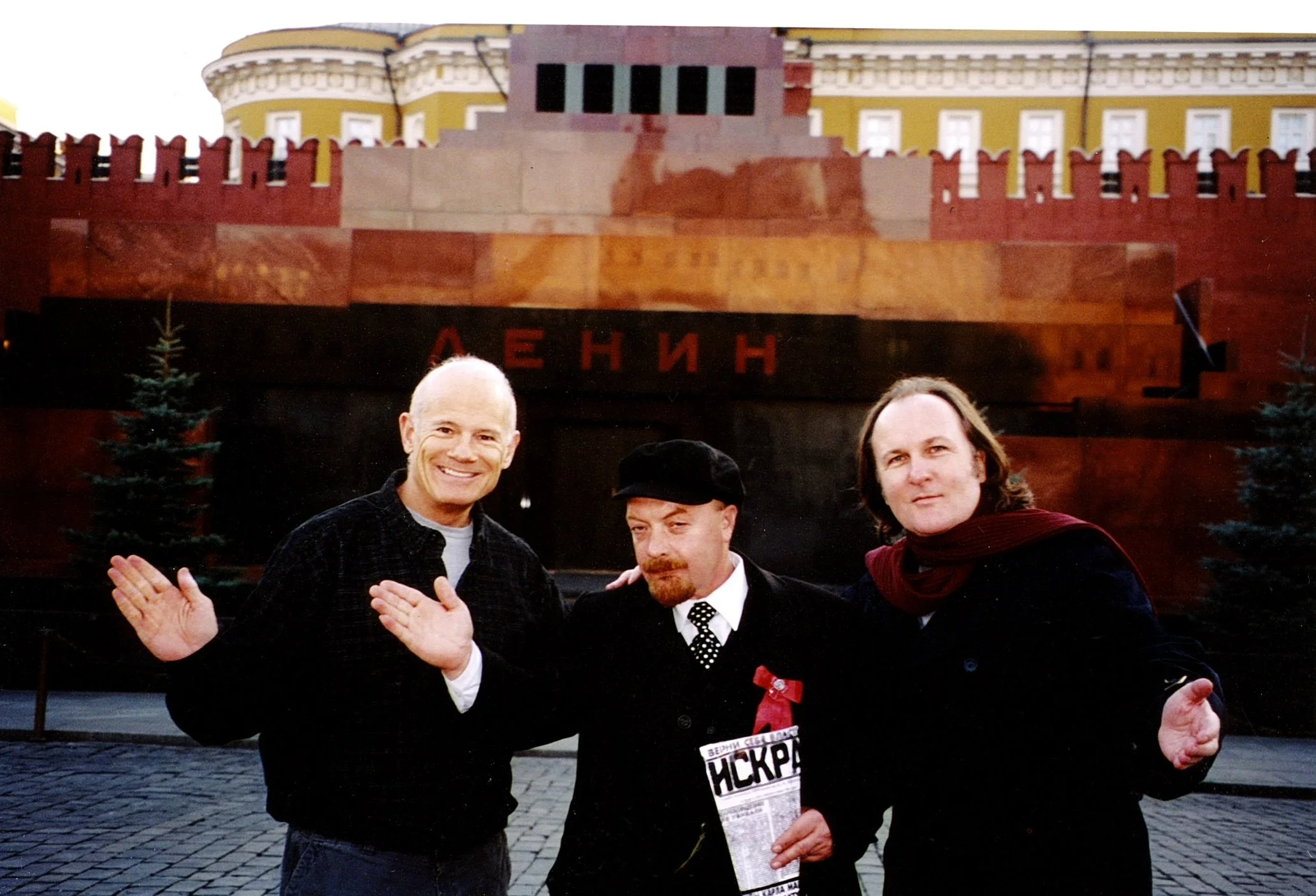 with Bill Flanagan and a Lenin impersonator in Moscow