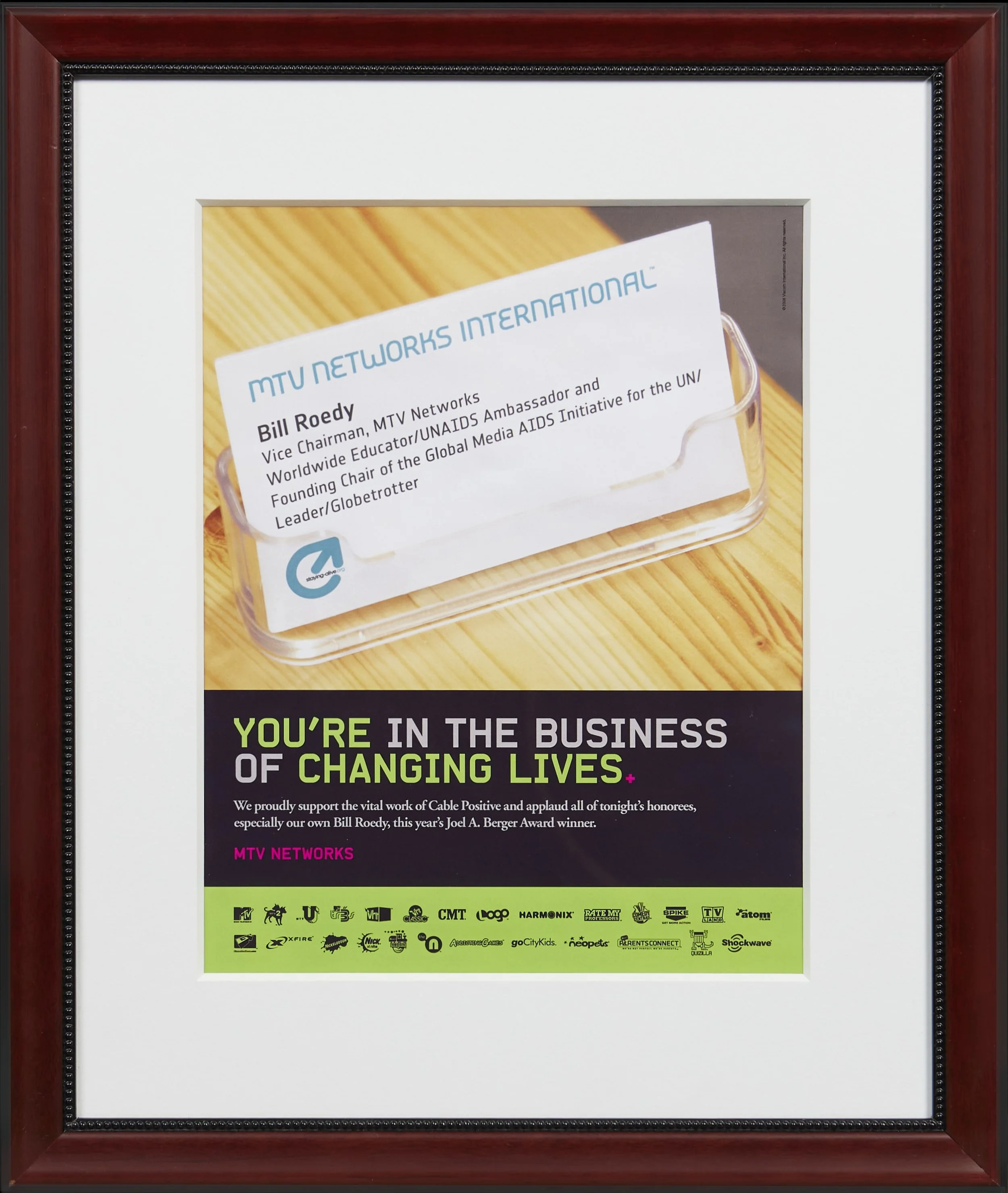 Network congrats message after Bill received the 2008 Cable Positive’s Joel A. Berger Award