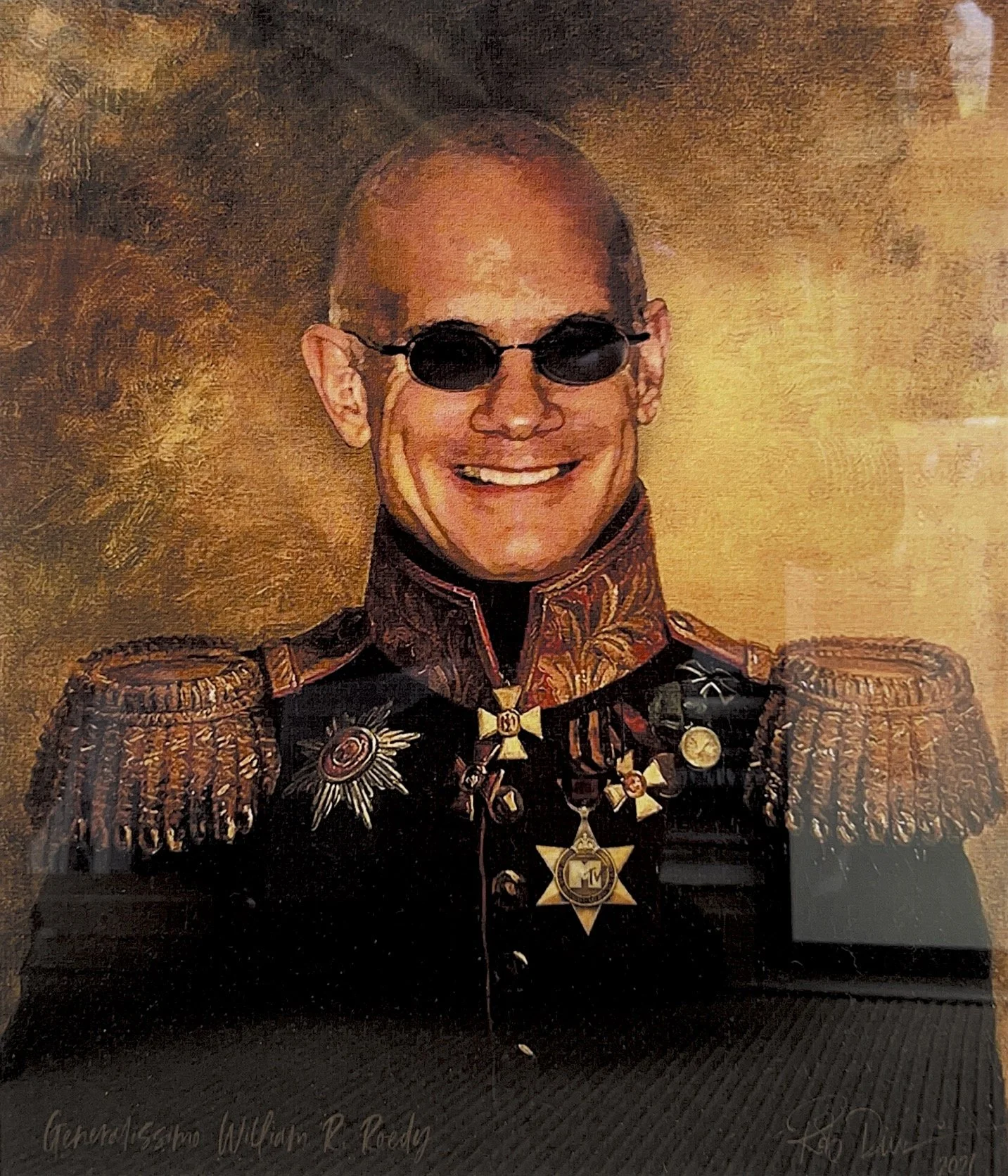 Bill photoshopped into a military headshot as a birthday gift from Rob Dickins, Chairman of Warner Music UK. 