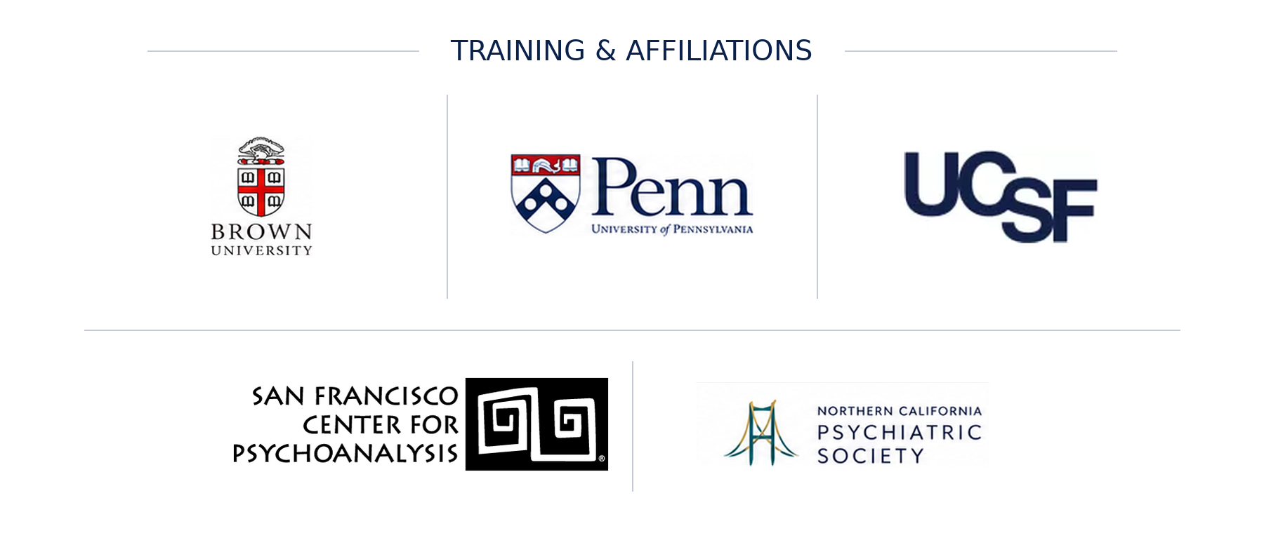 Dr. Barnhart's training and affiliations graphic featuring the logos of Brown University, the University of Pennsylvania, UCSF, the San Francisco Center for Psychoanalysis, and the Northern California Psychiatric Society.