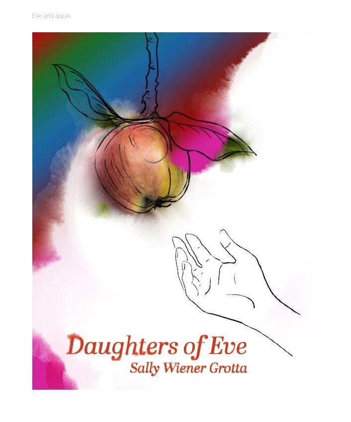 Eve and apple. Sally had also mentioned hands reaching out imagery, so I used a line drawing of a hand reaching out towards an apple, which exists simultaneously in the line drawing "world" and also in a much more colorful, organic one.