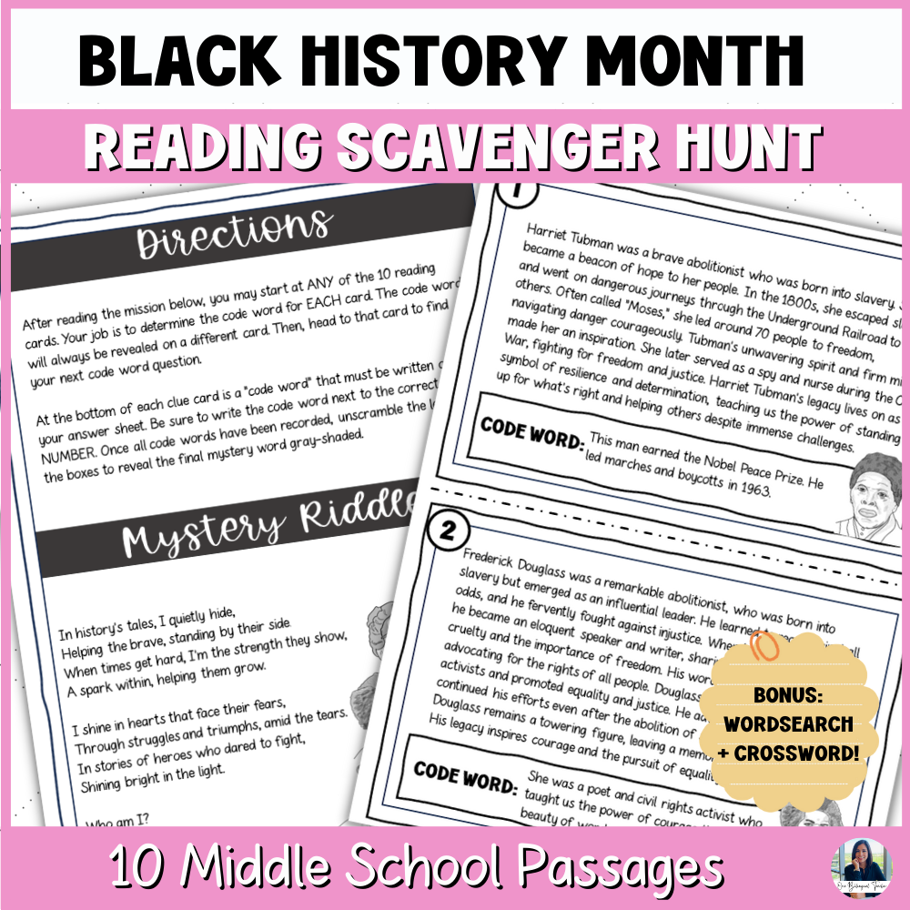 Black History Month Reading Comprehension Activities for 6th, 7th & 8th Grades