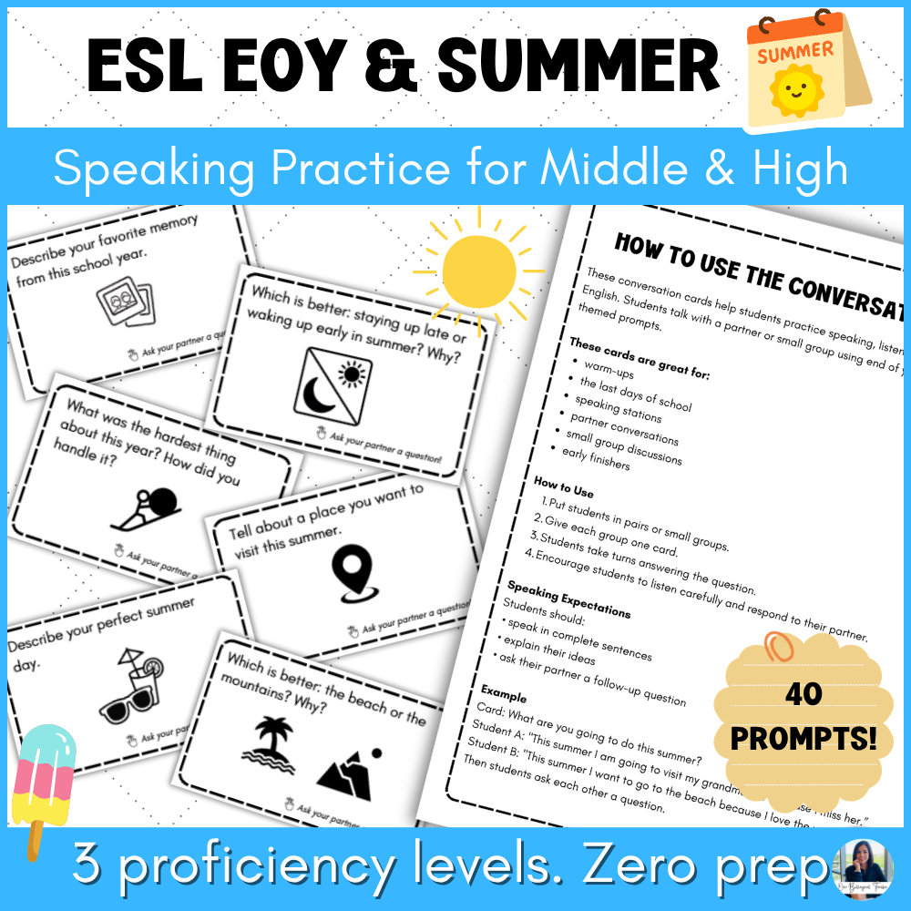 End of Year Summer ESL Conversation Cards | Speaking Practice for Middle & High