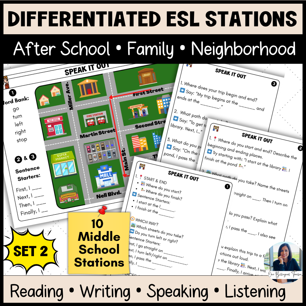 ESL Reading Activities| Differentiated Middle School Stations | School, Family