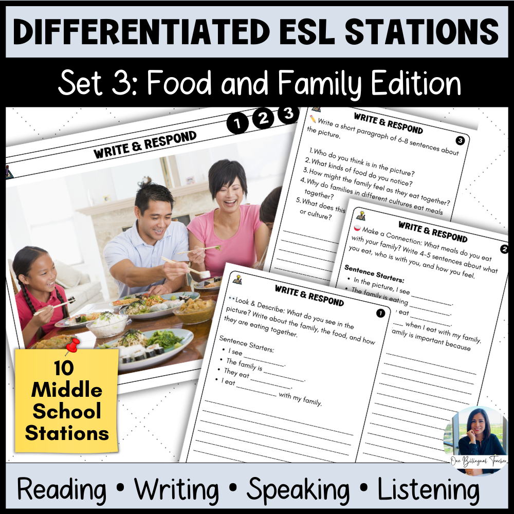 ESL Reading Activities| Differentiated ELA Middle School Stations| Food & Family