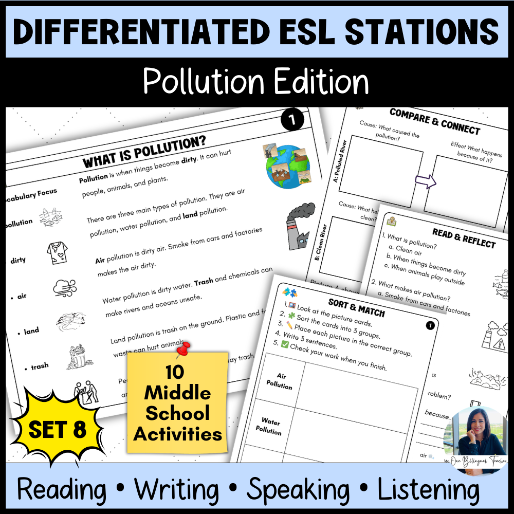 ESL Reading Stations | Pollution Informational Reading, Speaking, Writing 6th-8th grades