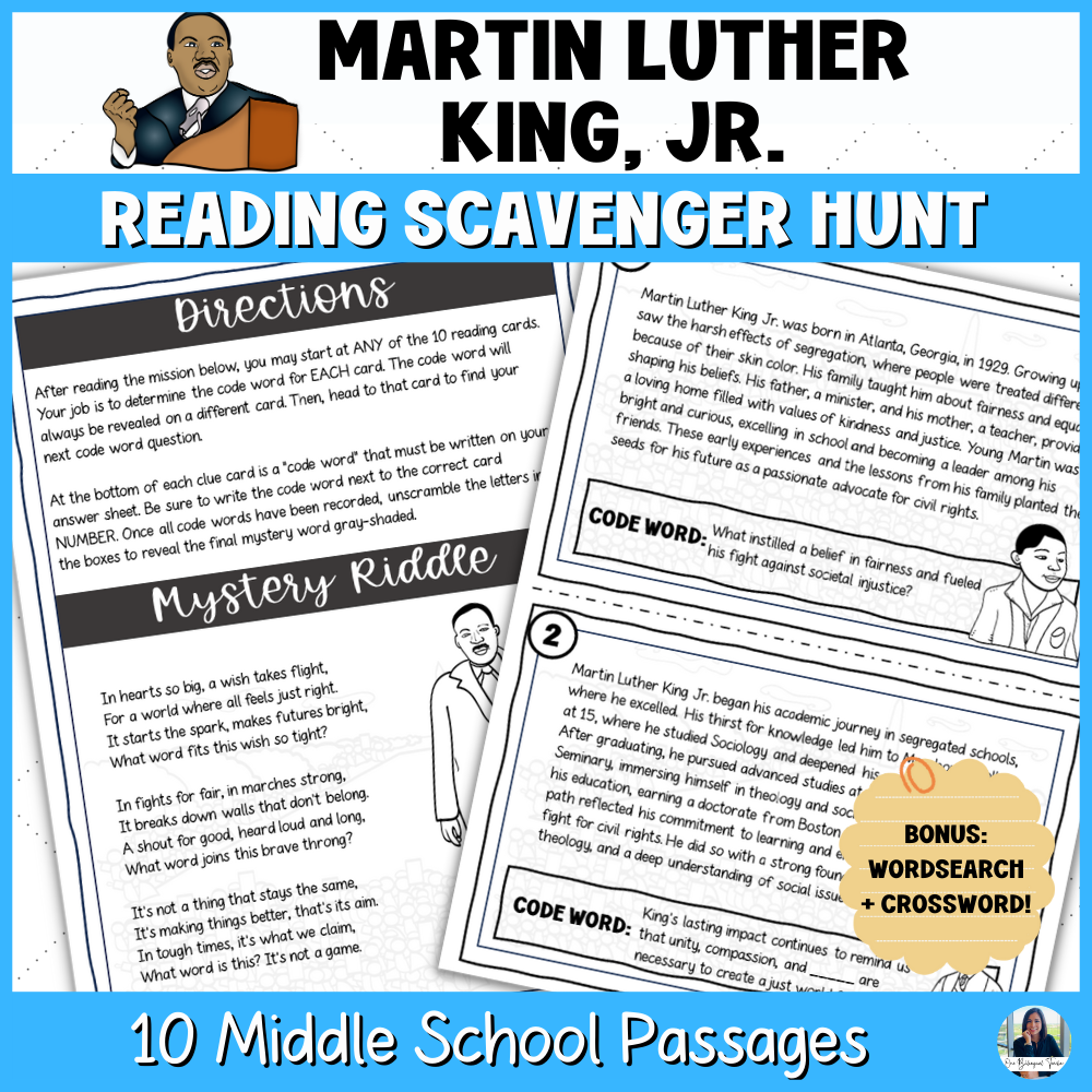 Martin Luther King Jr Reading, Word Search & Crossword for Middle School 6th-8th