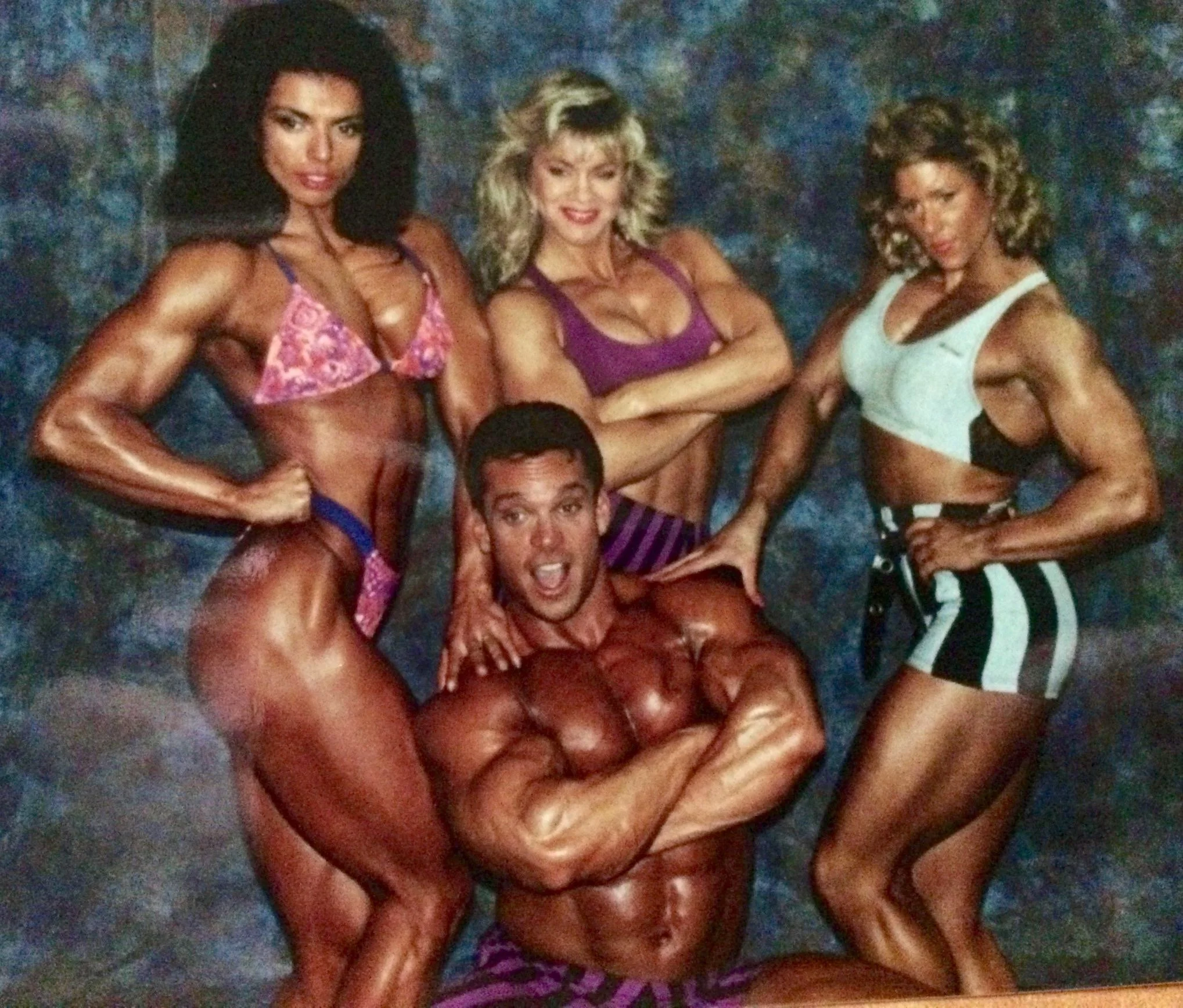 Here's the Gang again shooting for MuscleMag Intl. at the MECCA with photographer, Jim Amentler.
Left to Right: Sharon Bruneau, Marla Duncan, the late Shelley Beattie and Rich Gaspari.