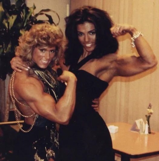 Celebrating with the late, Shelley Beattie, after competing at the 1992 Ms. Internationals/Arnold's Classics in Columbus Ohio.
