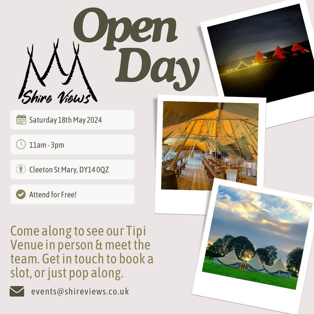 ⭐️ O P E N  D A Y ⭐️

Come along and see our beautifully decorated Tipis, with some of our finishing touches and an amazing view of Shropshire.

Have some questions? DM or email us (events@shireviews.co.uk) to book an appointment. You will get time w