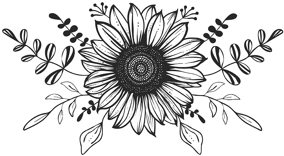 Line drawing of a large sunflower with surrounding leaves and small flowers on branches.