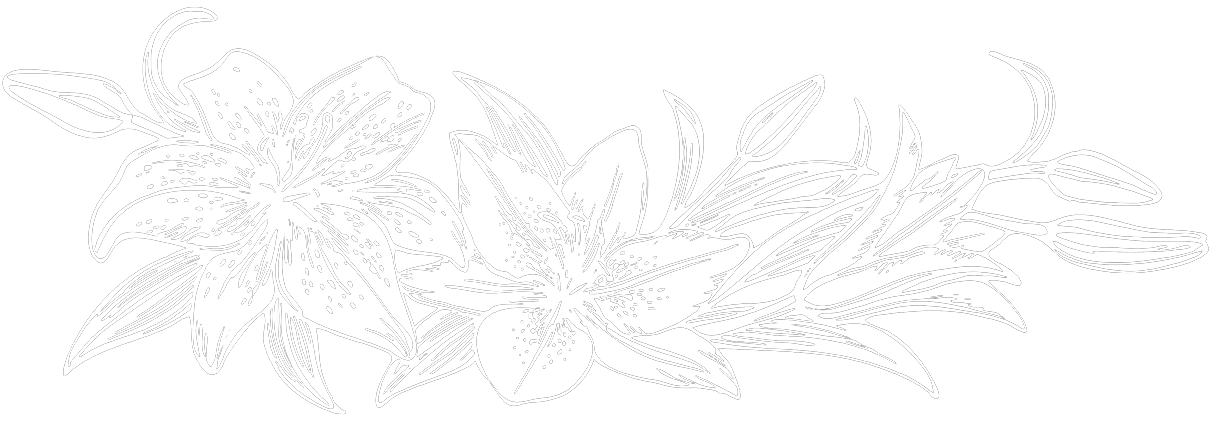 White line drawing of lilies and leaves on black background.