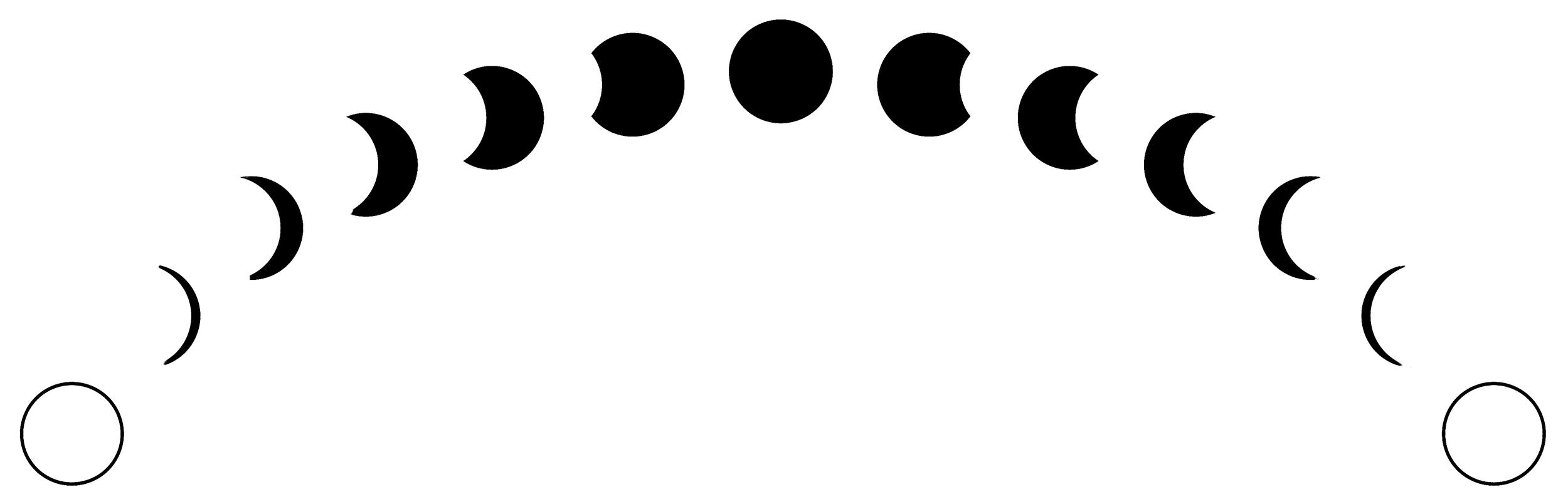 Illustration of the lunar phases from new moon to full moon and back in a circular arrangement.