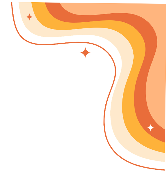Retro-style abstract background with wavy stripes in shades of orange, yellow, and beige, adorned with small starburst accents.