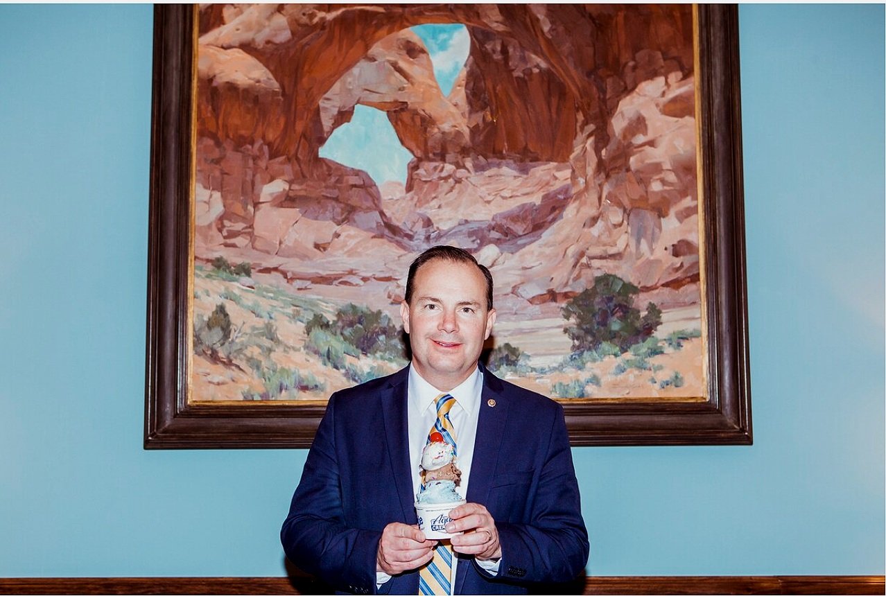 Sen. Mike Lee (R-Utah) holds some Aggie's ice cream. “Eating Aggie ice cream takes me back to Utah. It is home sweet home in delicious frozen form.”