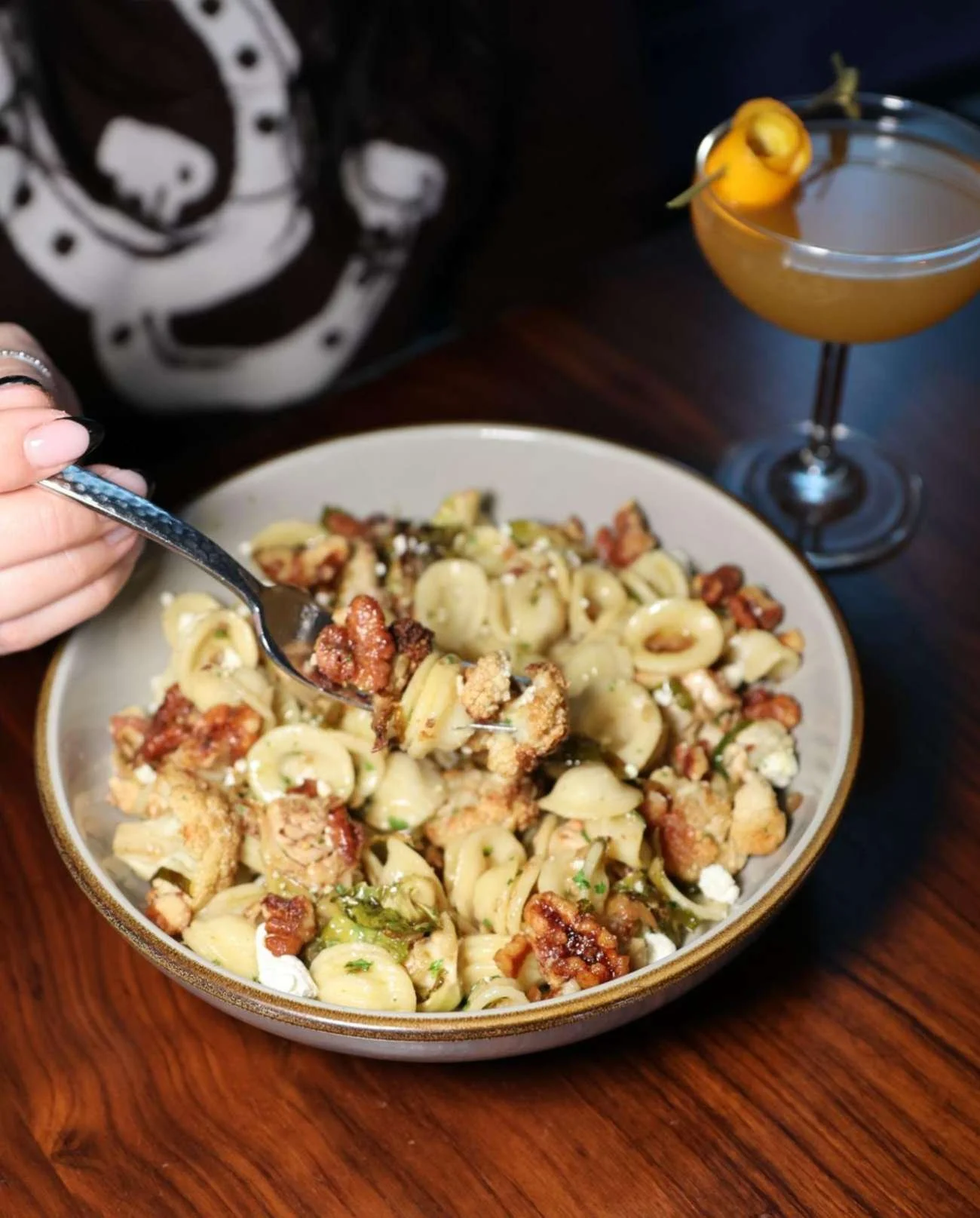 The flavors of fall, all in one dish: Orecchiette Brassica. 🍴

Roasted cauliflower and Brussels sprouts, shallot, garlic, brown butter, ch&egrave;vre, toasted walnuts, and a drizzle of pumpkin oil.