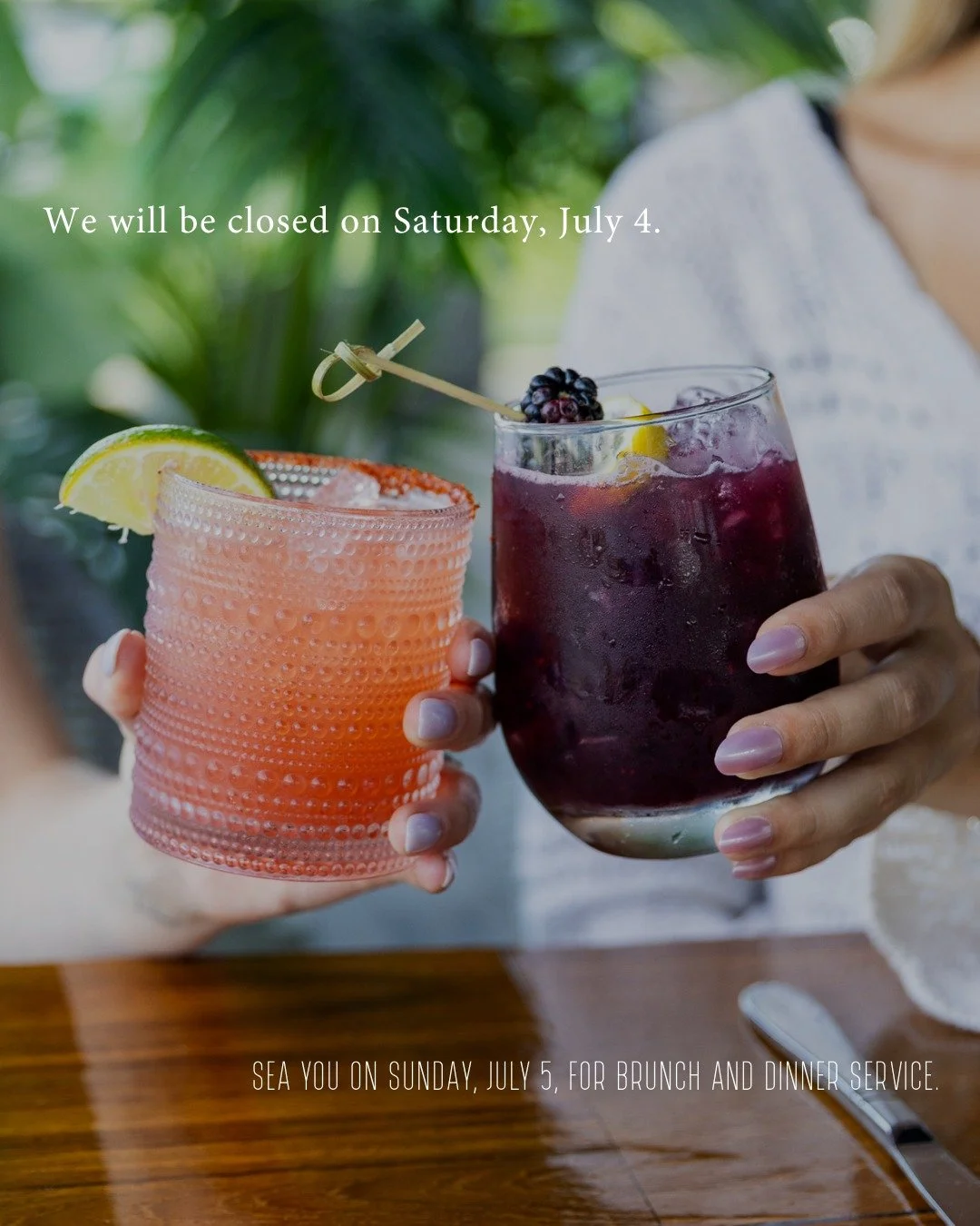 We'll be taking a break on Saturday, July 4, to celebrate the holiday!

Join us by the water on Sunday, July 5, for brunch, dinner, and all your Sea Smoke favorites 🍸🌊