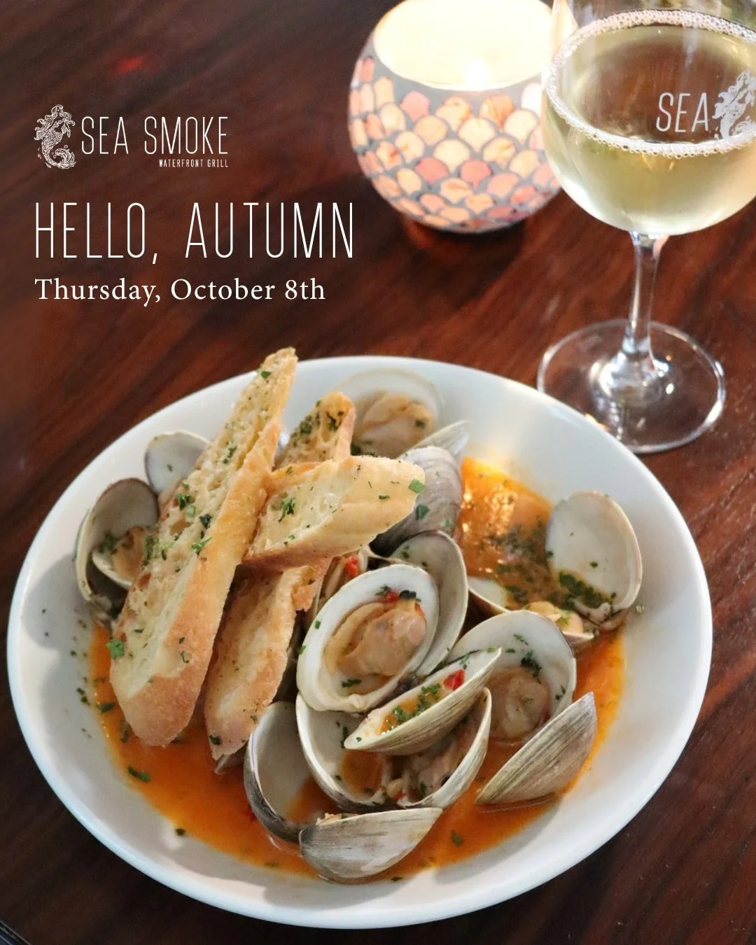 Hello, Autumn 🍂

Join us Thursday, October 8 for an all-night happy hour and a first taste of what&rsquo;s coming to Sea Smoke this fall.

We&rsquo;ll have sample-sized portions of upcoming weekday features available for purchase, including prime ri