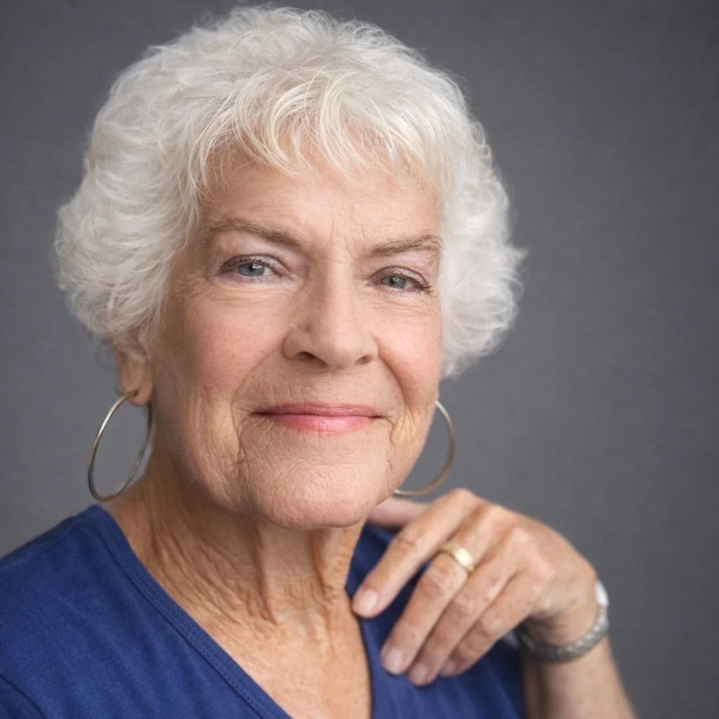 Elderly woman with white hair and blue shirt looking at the camera with a gentle smile, wearing large hoop earrings and a ring, against a plain background.