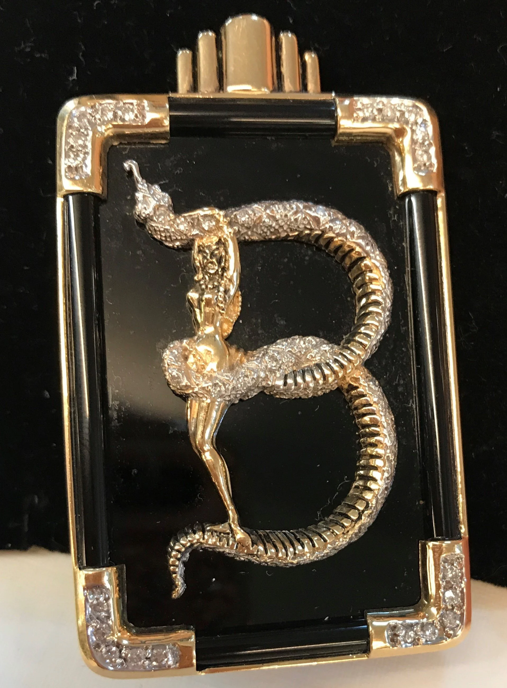 Erte Limited Edition 14K Dia. Art Deco Onyx Brooch  Pendant.JPG