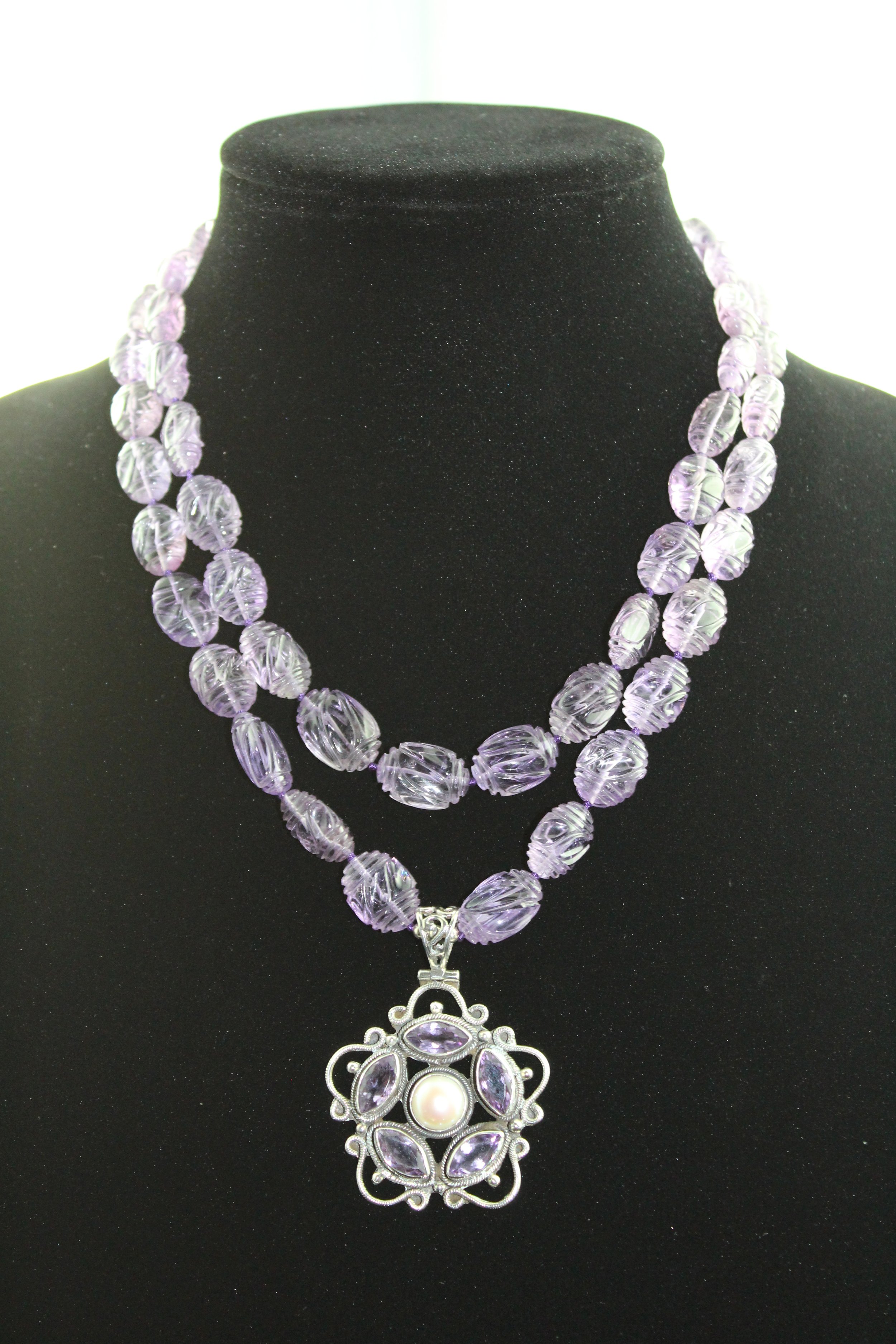 Gemstone Collection Vintage Carved Amethyst Stones with Sterling Amethyst and Pearl Pendant.JPG