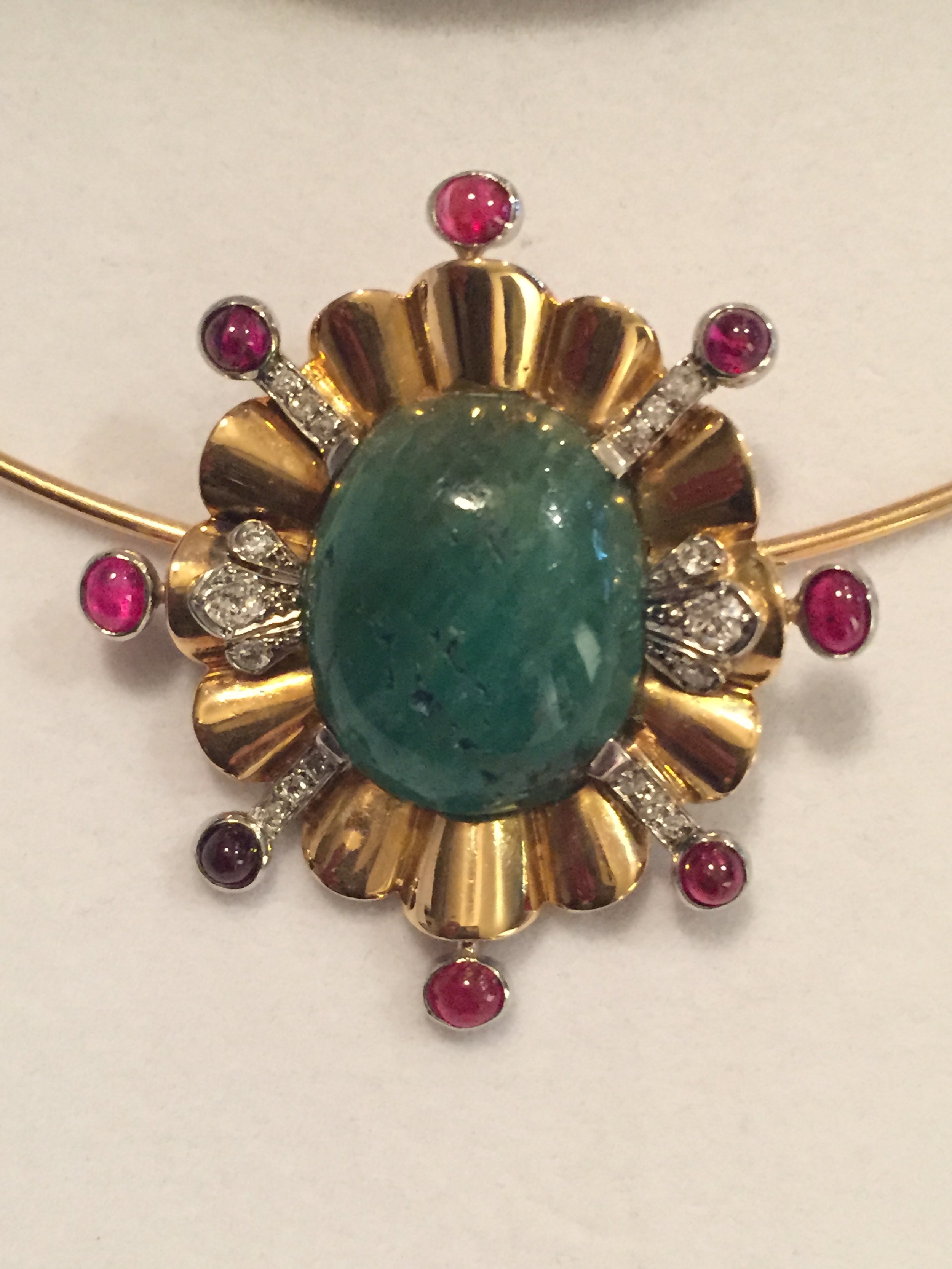 Emerald Ruby and diamond 14K Pin and Pendant.JPG