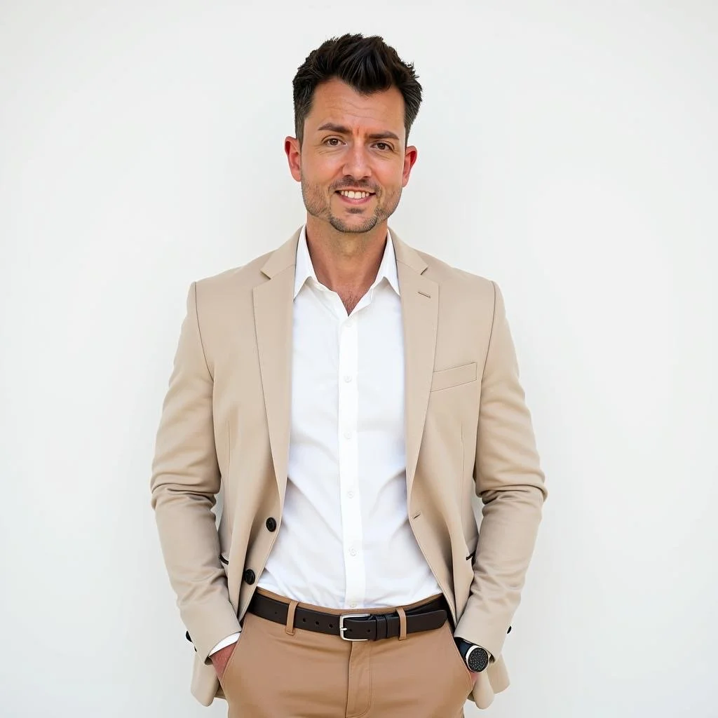 A man with dark hair, wearing a beige blazer, white shirt, and beige pants, standing with hands in pockets against a plain white background.