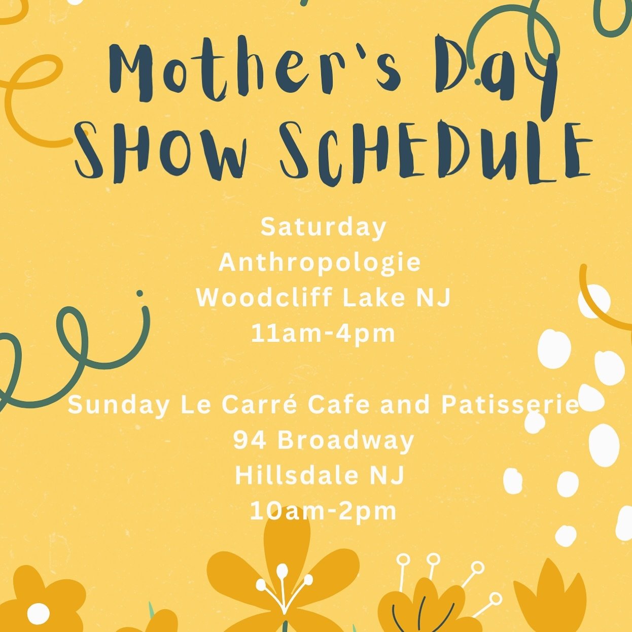 This week!

Just added: Monday, The 76 House in Tappan, NY from 6-10pm.

Saturday at Anthropologie Woodcliff Lake, NJ 11am-4pm

Sunday at Le Carre Cafe and Patisserie, Hillsdale NJ 10am-2pm