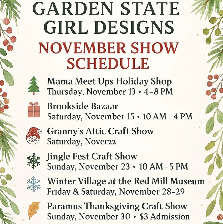 Upcoming shows 🍂

🎄 Mama Meet Ups Holiday Shop &ndash; Thursday, November 13 | 4&ndash;8 PM | Stew Leonard&rsquo;s, Paramus, NJ
🎁 Brookside Bazaar &ndash; Saturday, November 15 | 10 AM&ndash;4 PM | Westwood Community Center, Westwood, NJ
🧶 Granny