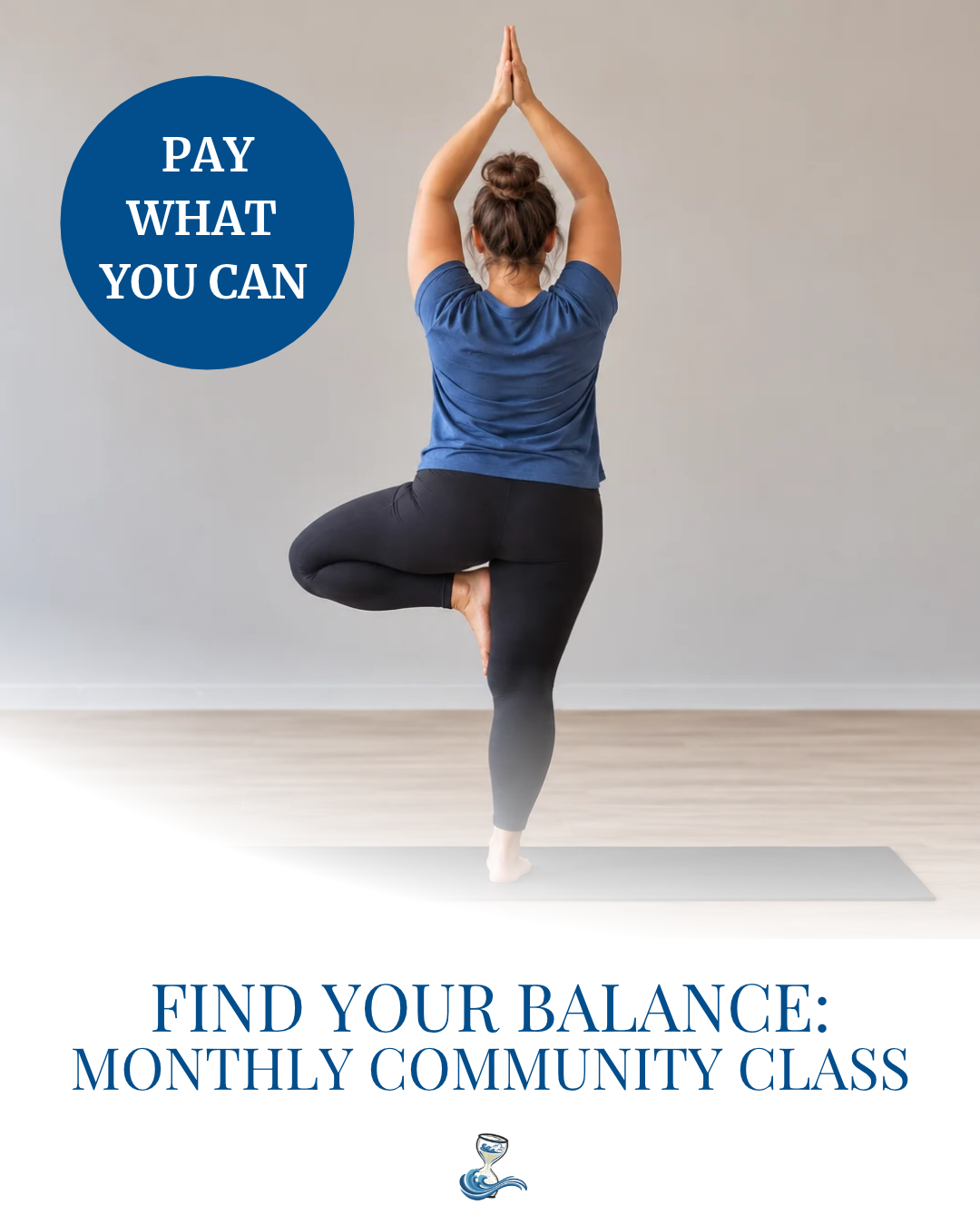 Woman standing in a balancing yoga pose at a free monthly yoga class in south jersey